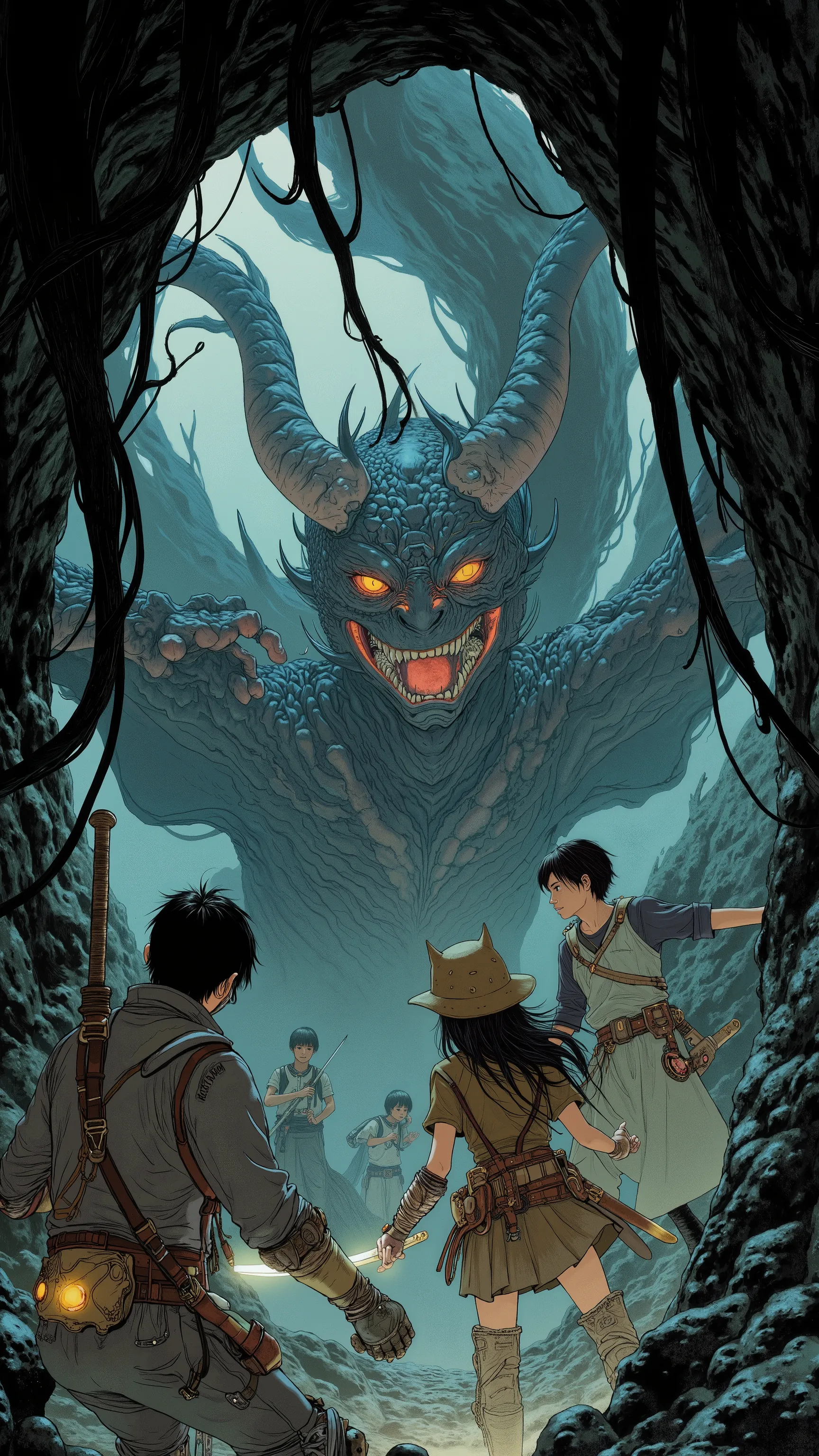 An image of 3 adventurers advancing while defeating Wyvern in an underground dungeon, Fairy Tale Illustrationssスタイル, Fairy Tale Illustrations, swordsman in fantasy land、Wizard、Martial Artist, Fairy Tale Illustrations線画 , Fully equipped、fairy tale style art...