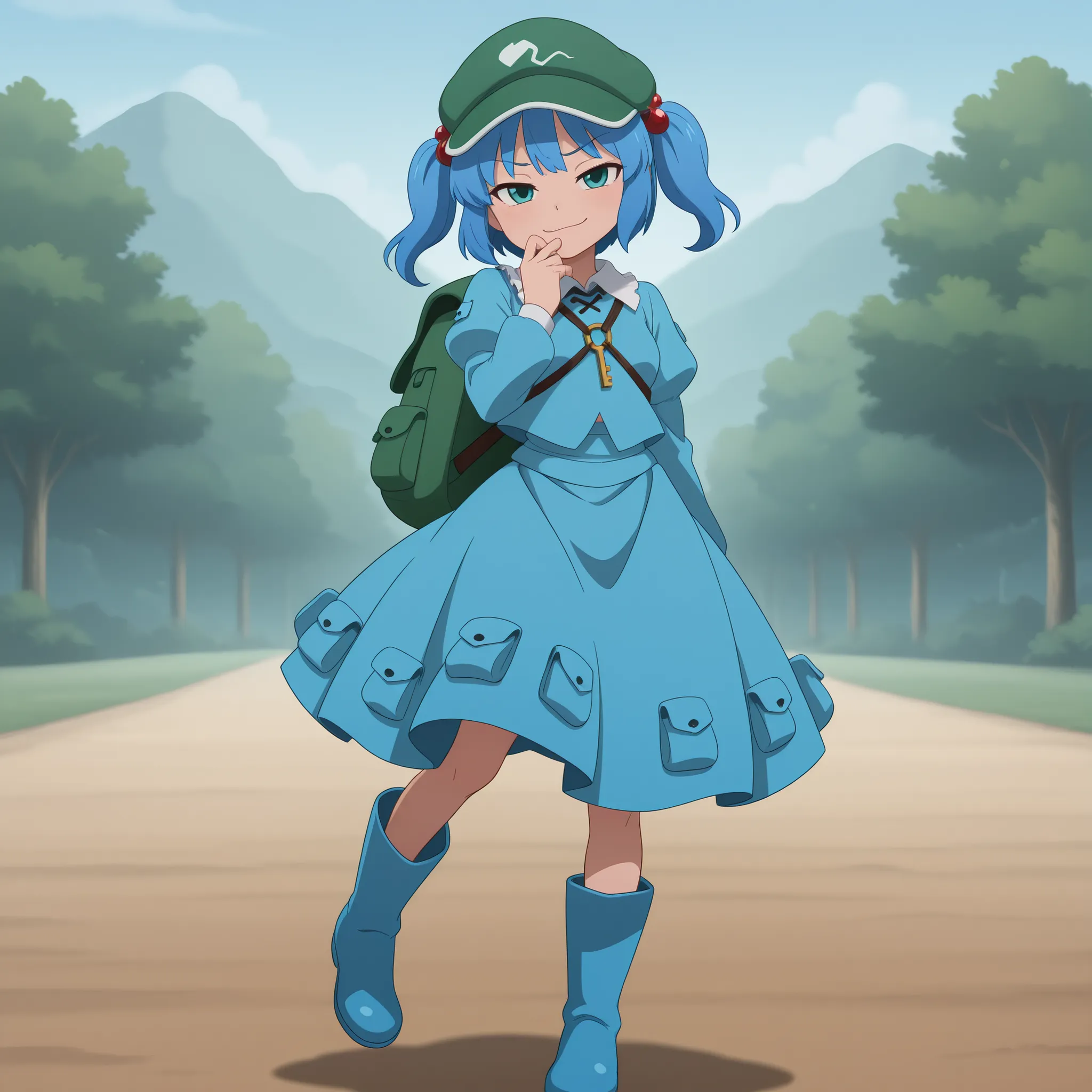 DisneyClassics disney absurdres, highres, masterpiece, best quality, amazing quality, official anime artwork,, outdoors, looking at viewer, light smile, dynamic pose, 
 <lora:Nitori-Kawashiro_Illustrious:1> kawashiro nitori, 1girl, solo, aqua eyes, blue ha...