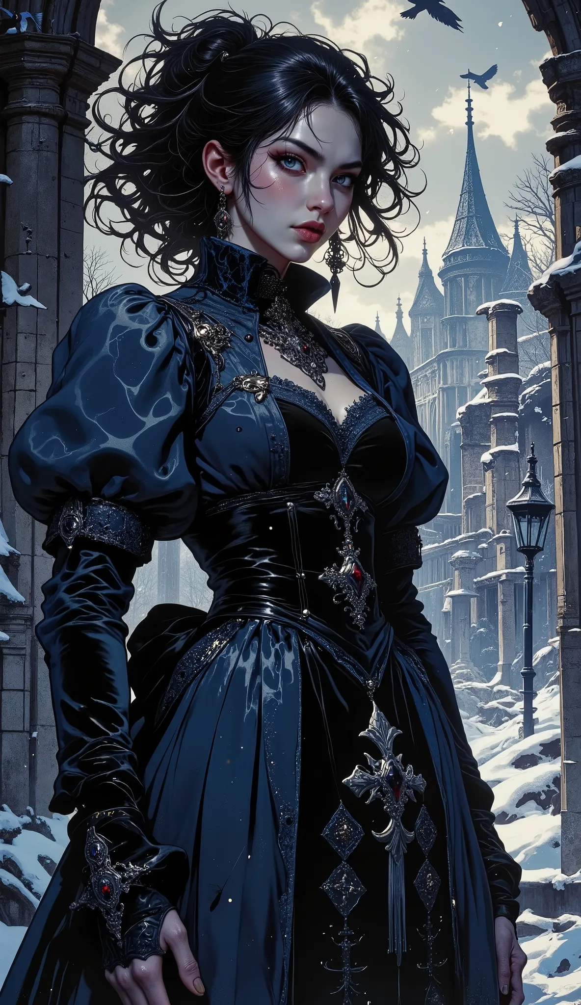 A young woman with black hair blown up in a gust of icy wind stood half-turned under the massive stone arch of a ruined estate, shackled by eternal cold. The arch is covered with frost and tenacious ivy. One of her hands is slightly raised, her fingers are...