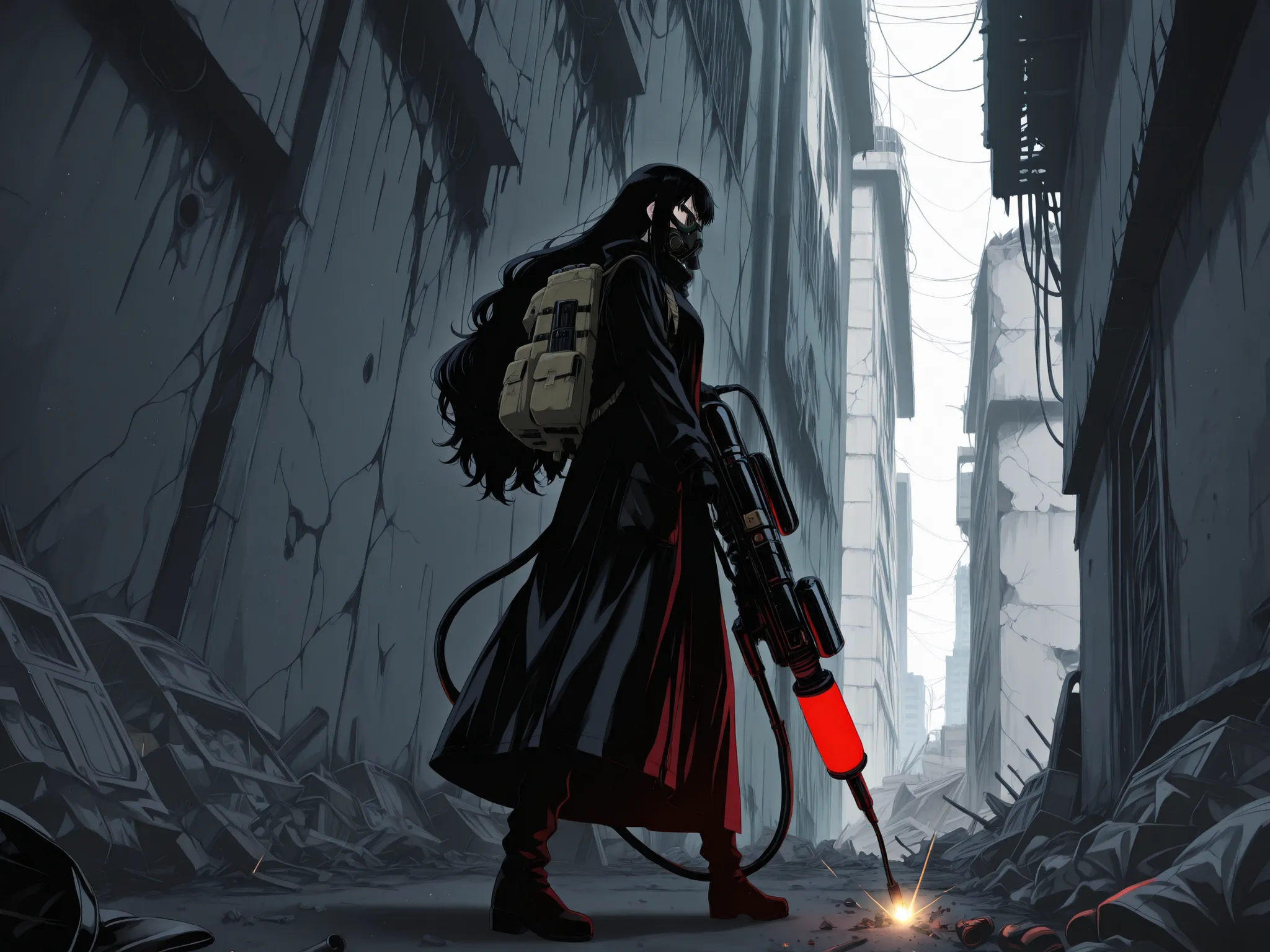 masterpiece, best quality, amazing quality, very aesthetic, foreshortening, 1 girl, black hair, goggle, gasmask, very long ponytail, low pony tail, wavy hair, black coat, mechanical backpack, holding flamethrower, BREAK, ruined background, garbage dump, vi...