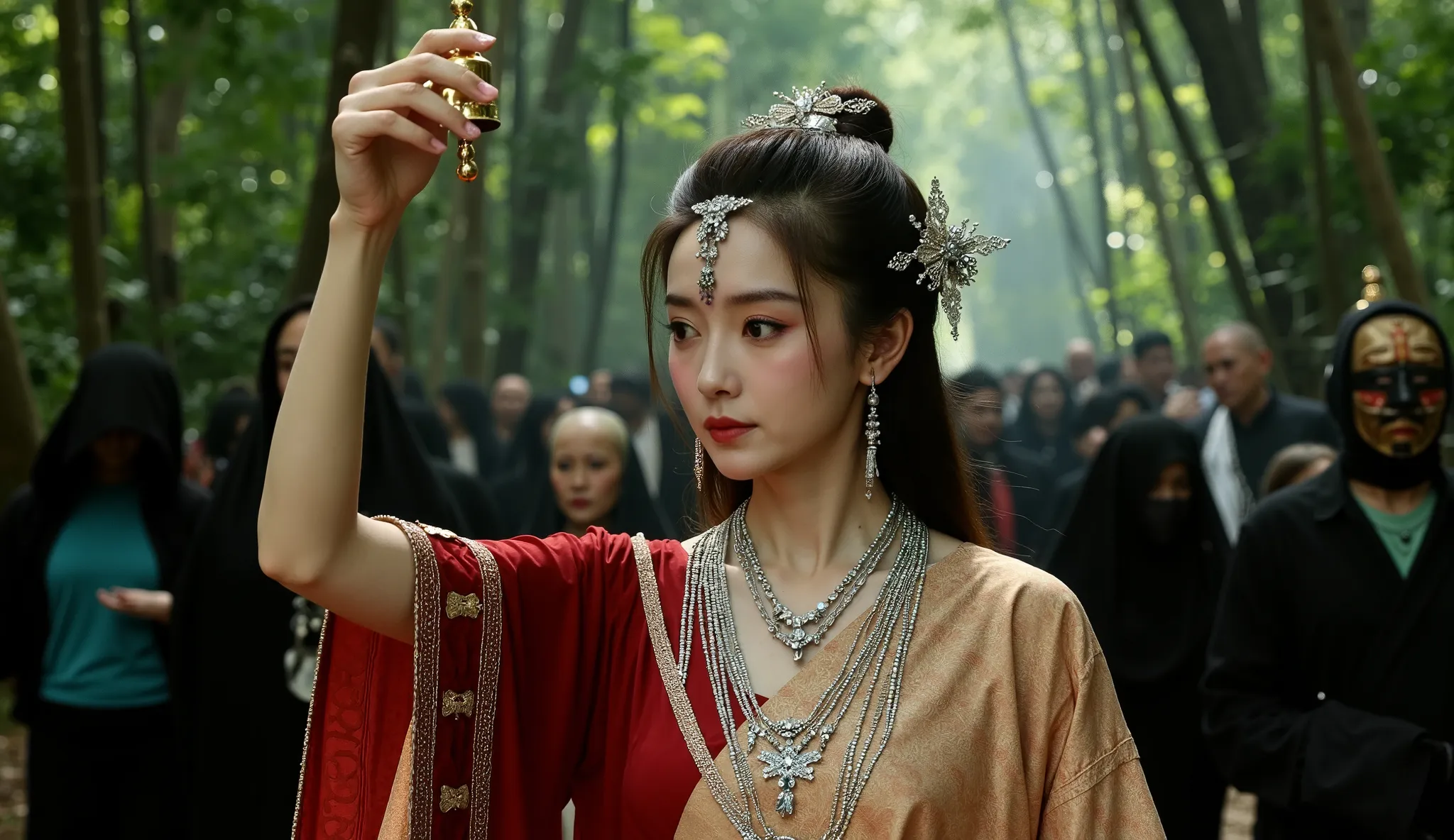 Amid the mysterious jungle atmosphere, an oriental girl in a magnificent native dress is the main character. She kept her classic boxy hair, adorned with small silver flowers and exquisite silver hairpins, wore necklaces, earrings and other jewelry made of...