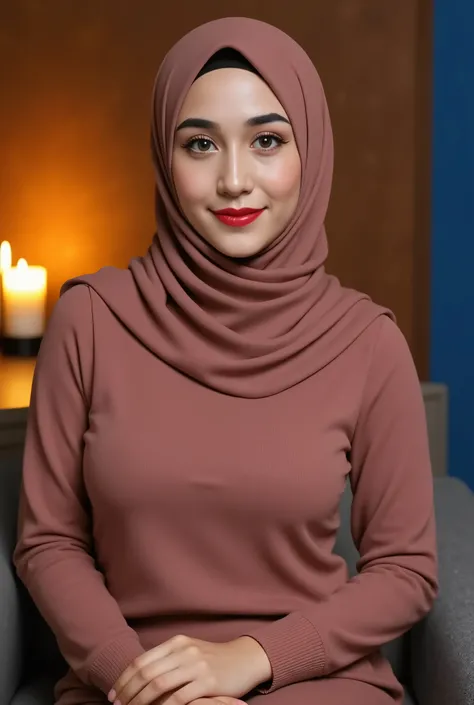 Beauty Hijab Indonesian Woman adjusting her sitting posture with soft lights flickering and candles glowing in the background, Wearing Singlet, photorealistic style with warm intimate lighting. Busty Body, Large Boobs