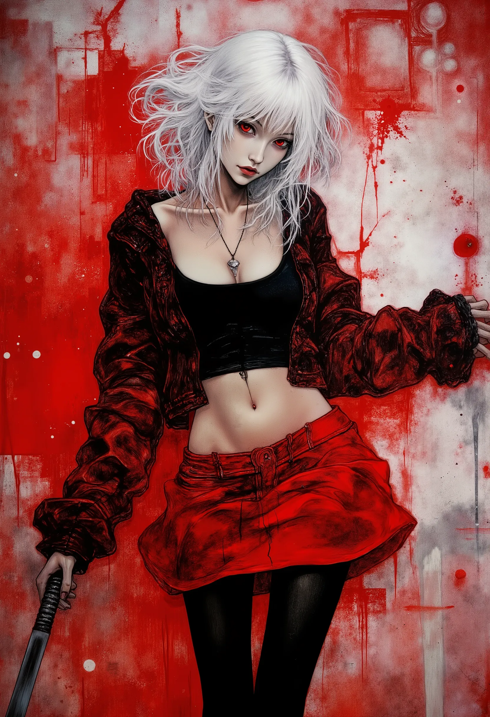 d((1 girl:1.5)),( white hair,long hair,sidelock,parted bangs,red eyes,black tanktop,red jacket,red skirt,black pantyhose,abs,exposed shoulders:1.5) (Katana,action pose,sinister smile,full body,dynamic pose, foreshortening, extreme perspective,low angle:1.5...