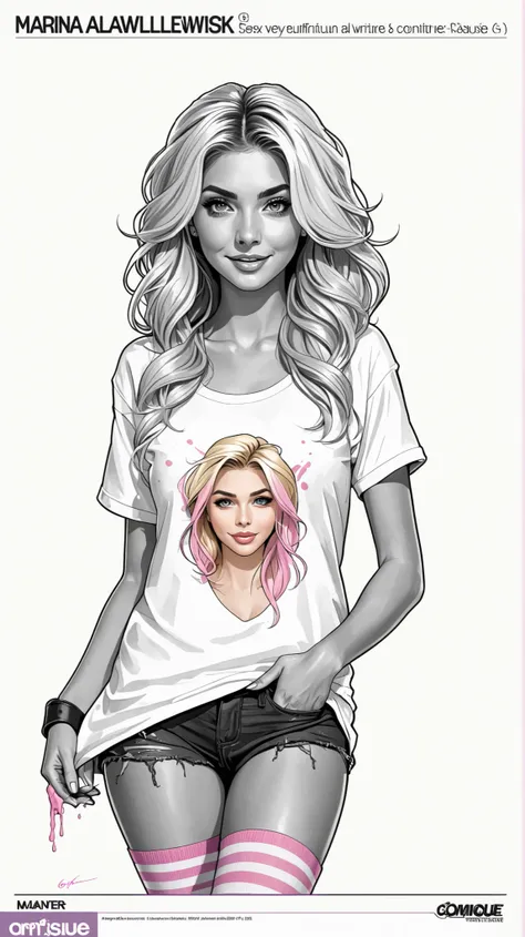 Comic books, Marina Laswick very very beautiful very sexy very smiling with a sexy white t-shirt completely ripped and shredded revealing her breasts, very beautiful very generous breasts, black thong and knee-high socks with pink and white vertical strip...