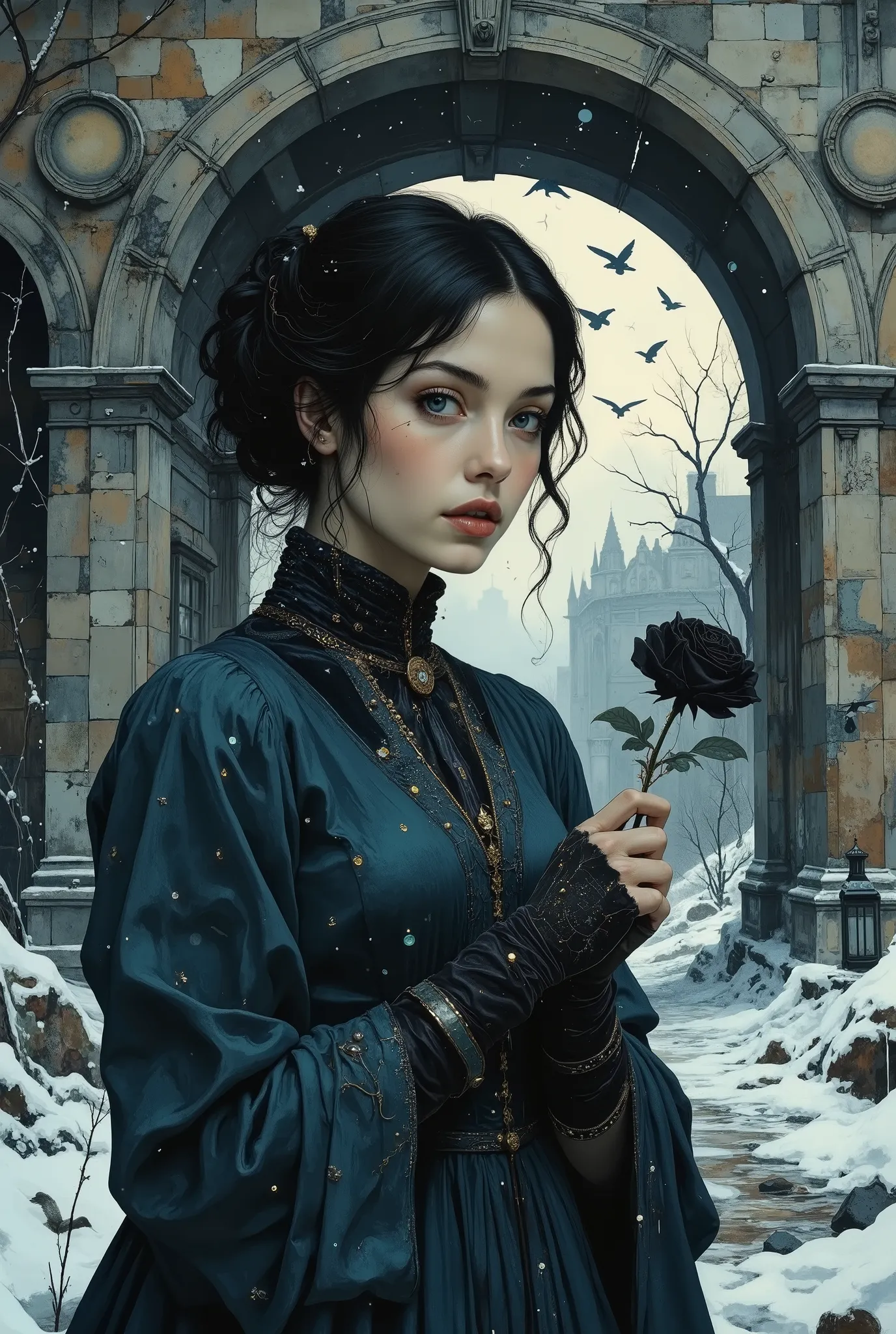 A young woman with black hair blown up in a gust of icy wind stood half-turned under the massive stone arch of a ruined estate, shackled by eternal cold. The arch is covered with frost and tenacious ivy. One of her hands is slightly raised, her fingers are...