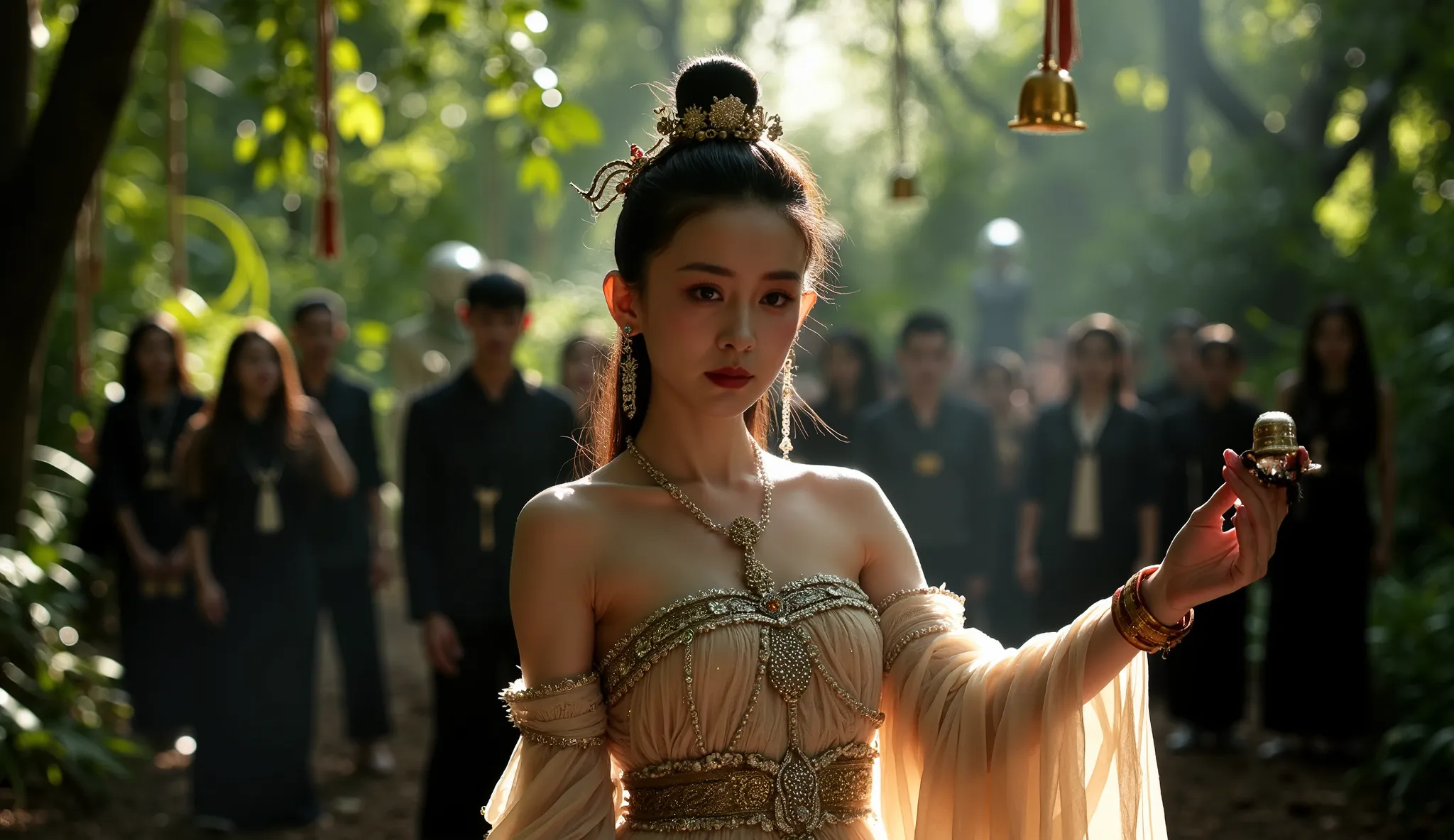 Amid the mysterious jungle atmosphere, an oriental girl in a magnificent native dress is the main character. She kept her classic boxy hair, adorned with small silver flowers and exquisite silver hairpins, wore necklaces, earrings and other jewelry made of...