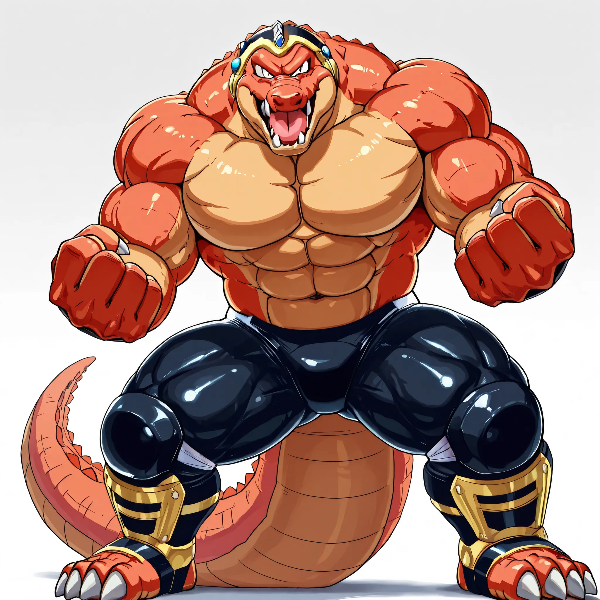 solo, Crocodine - Dragon Quest, naked, heavy weight bulky muscular, massive strong large body, big pectoral muscules, thick tighs, looking at viewer, roaring, large fang, thick long tail, strong posing, looking at viewer, wearing black wrestling pants, glo...