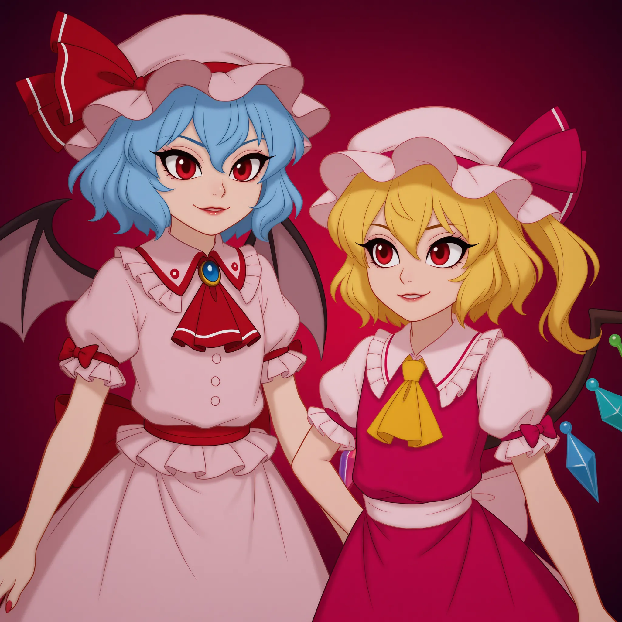 DisneyClassics disney 2girls,  zzRemilia, red eyes, blue hair, short hair, hat, ribbon, wings, ascot, hat ribbon, zzFlandre, red eyes, blonde hair, one side up, hair between eyes, mob cap, ,2girls,  zzRemilia, red eyes, blue hair, short hair, hat, ribbon, ...