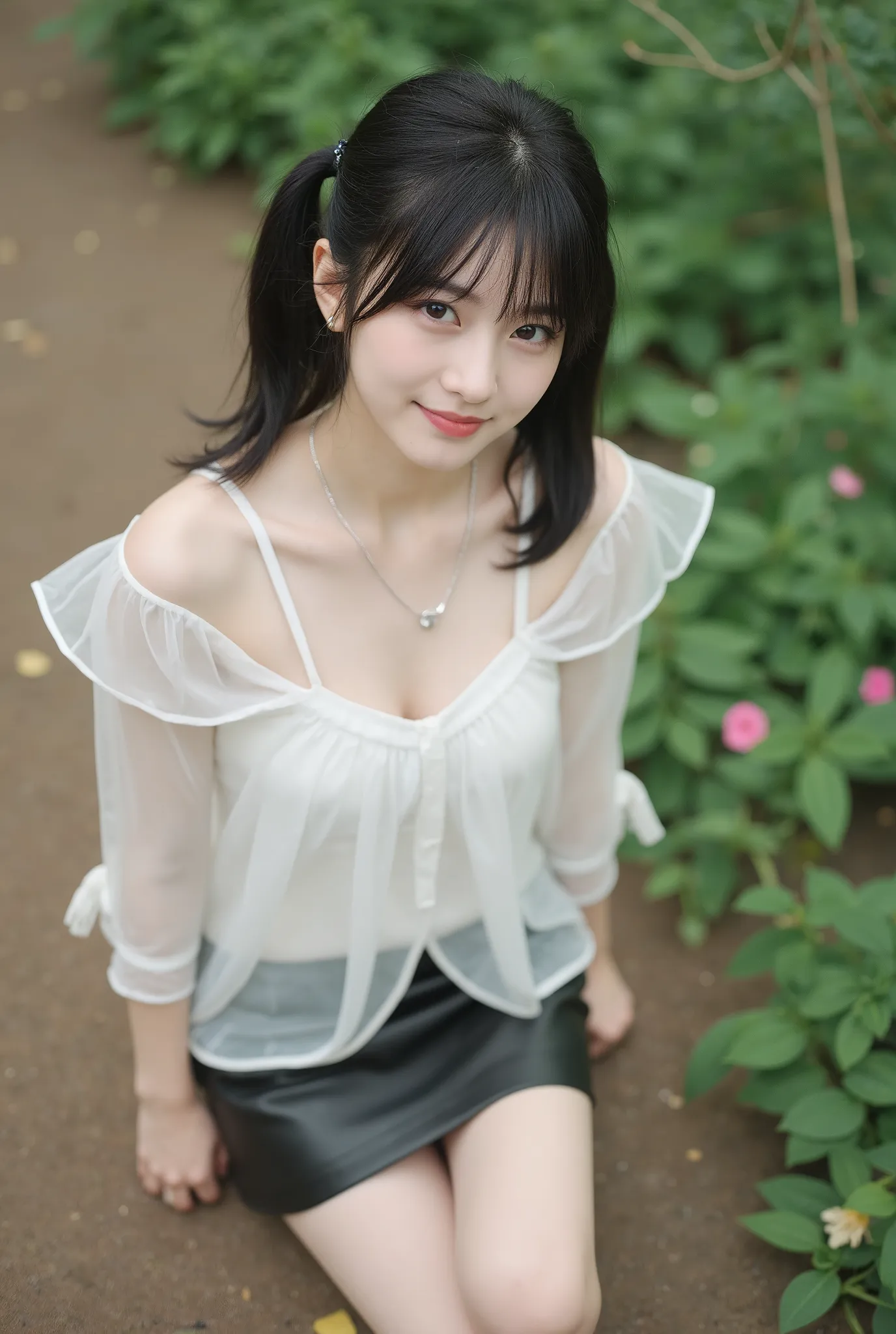 masterpiece、beautiful Japanese woman、detailed description、1 girl、16 years old、（idol style super cute face）、（white, transparent clothes、short leather skirt）、dark haired、Slightly long twin tails、natural atmosphere、depth of field、（angle from above）、Smile Yan