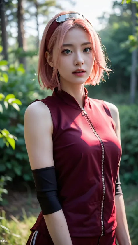 A hyper-realistic portrait of Haruno Sakura from Naruto Shippuden, reimagined as a real-life young woman in her early 20s. She has short, straight pink hair with a natural texture, parted to one side, and striking emerald green eyes that reflect intelligen...