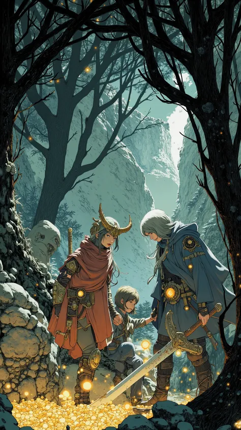 Images of 3 adventurers discovering treasure in the depths of an underground dungeon, Fairy Tale Illustrationssスタイル, Fairy Tale Illustrations, swordsman in fantasy land、Wizard、Martial Artist, Fairy Tale Illustrations線画 , Fully equipped、fairy tale style art...