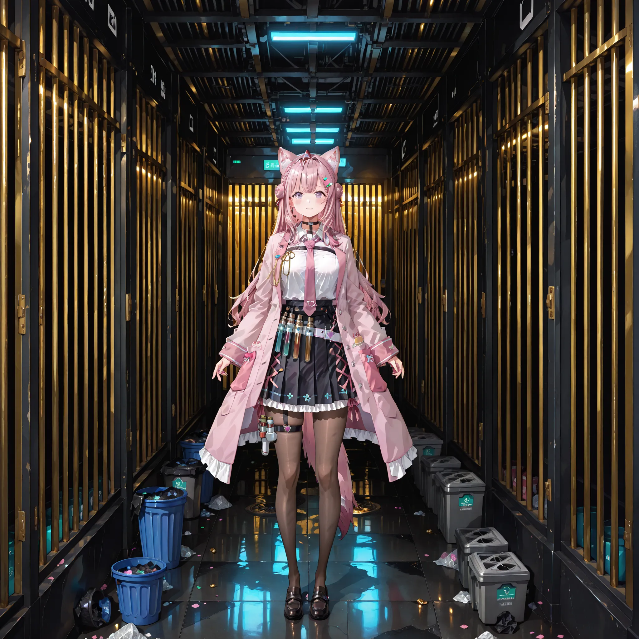 "Koyori Hakui" operates a machine that turns trash into gold bars, There are countless gold bars and trash scattered on the floor.