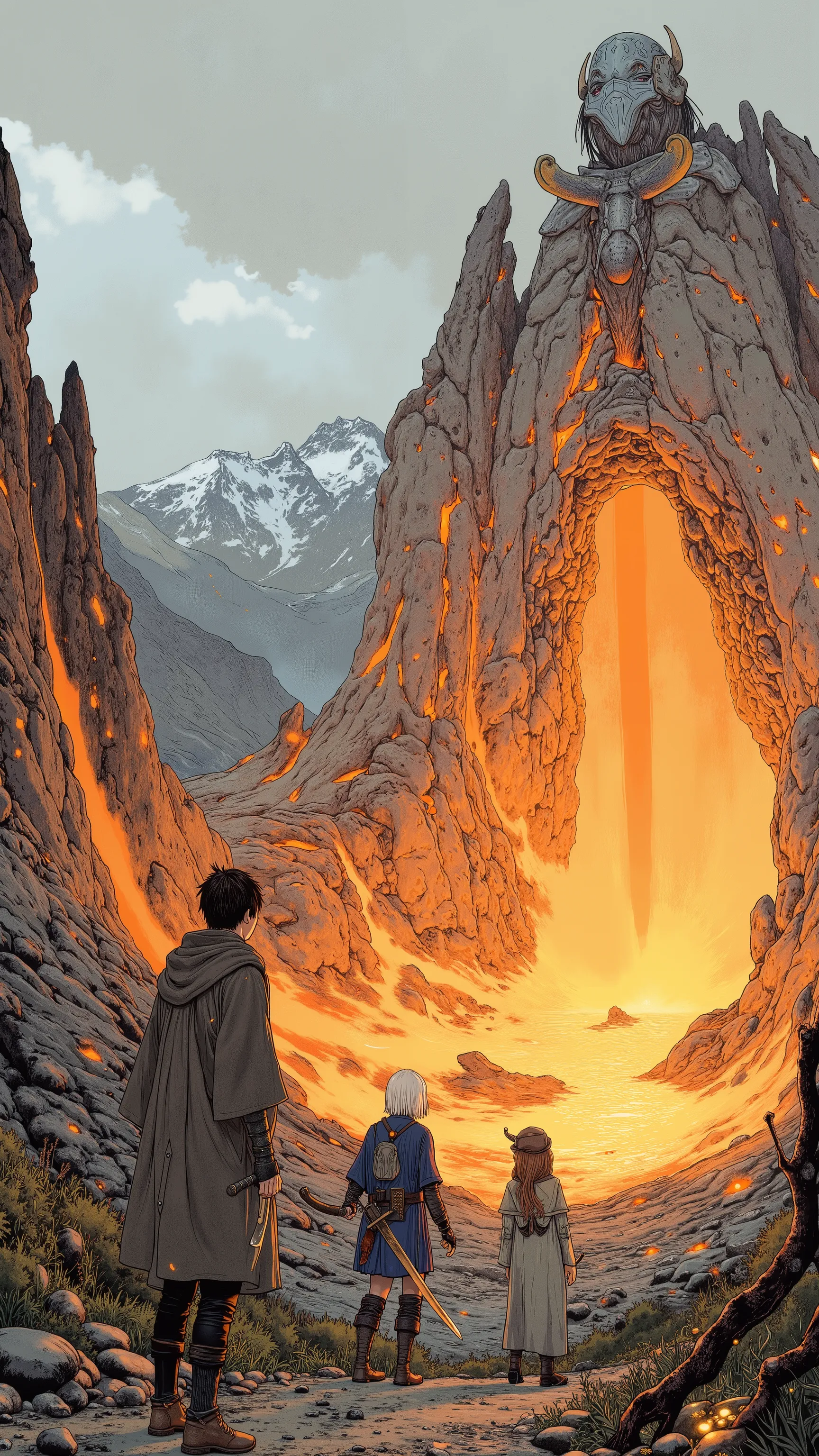 Images of 3 adventurers exploring a volcano, Fairy Tale Illustrationssスタイル, Fairy Tale Illustrations, swordsman in fantasy land、Wizard、Martial Artist, Fairy Tale Illustrations線画 , Fully equipped、fairy tale style artwork , Official Illustration , affection...