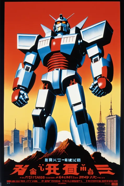 The 1960s Giant Robo anime movie poster exudes retro charm , Features the iconic giant robot towering against a dramatic backdrop , Drawn skyline . , Vintage colors such as deep blues and fiery reds dominate the background . Brave boy , Terutaro Kaneda , S...