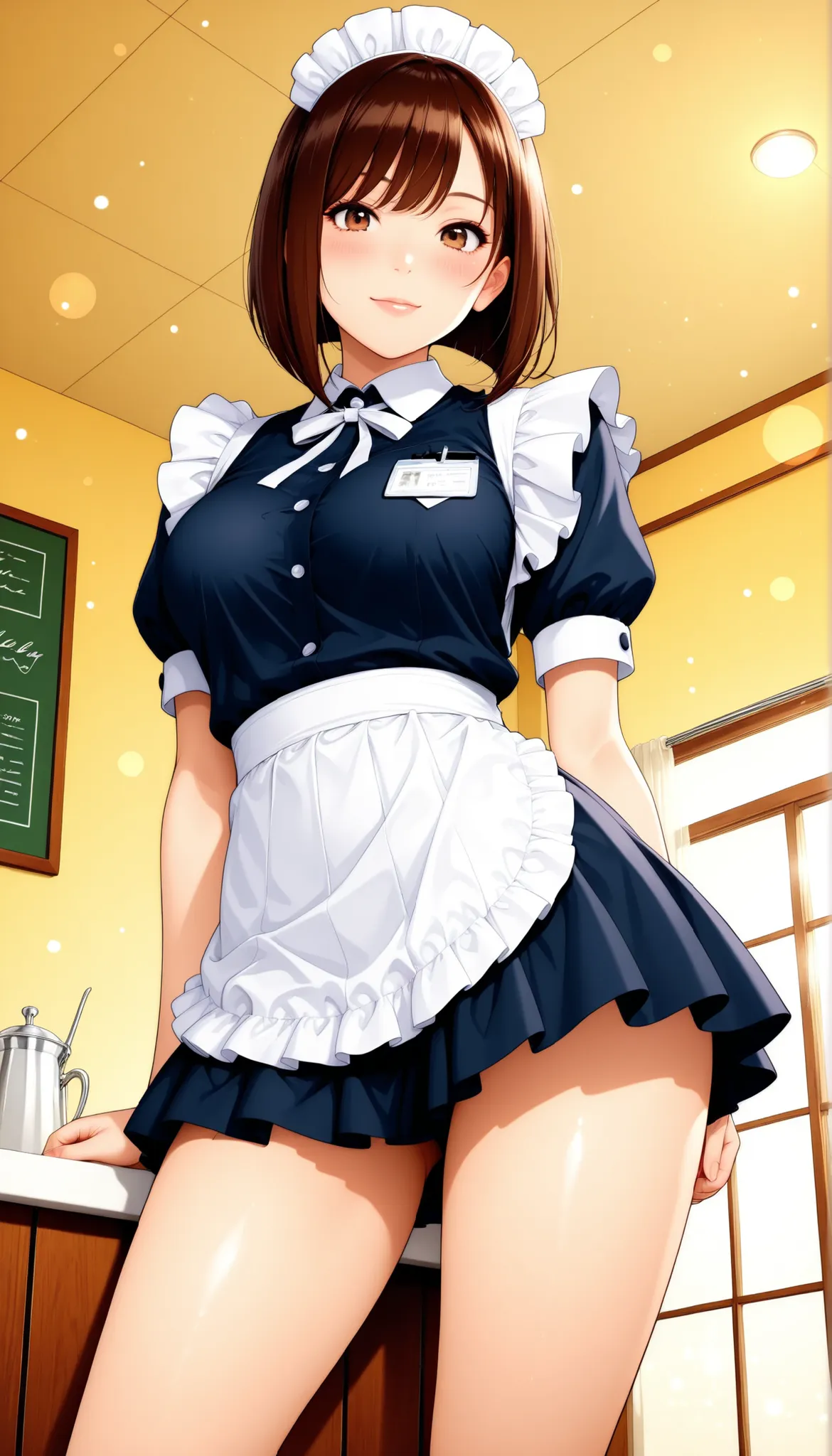 Semi realistic, solo, Maid Outfit, Standing Pose, low angle, cafe, Hospital, (フリル付きMaid Outfit, miniskirt), Smile Yan, 優しいSmile Yan, attractive eyes, glossy skin, graceful behavior, Fine Gloss, parted 唇, brown hair, inverted bob, blush, sexy portrait, Medi...