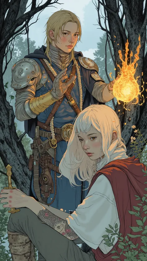 An image of a traumatized hero who applies healing magic to friends who have fallen in a dungeon, Fairy Tale Illustrationssスタイル, Fairy Tale Illustrations, swordsman in fantasy land、Wizard、Fairy Tale Illustrations線画 , Fully equipped、fairy tale style artwork...