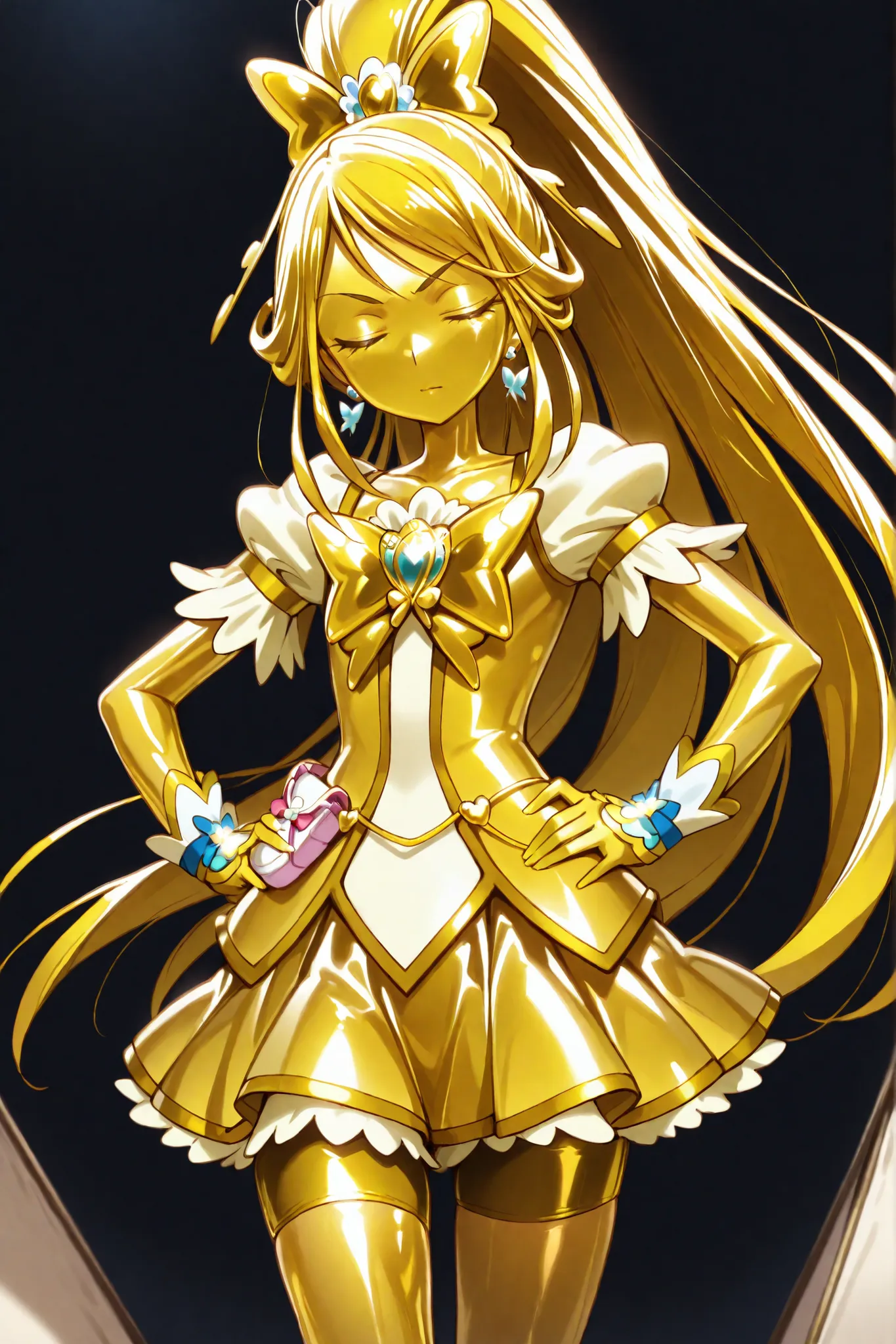 Cure Aqua, masterpiece, best quality, Newest, very high resolution, closed eyes, yellow hair,  yellow sclera, closed mouth, No students, Yellow skin, shiny skin,  metal skin, Black eyebrows, 1girl, solo, cowboy shot, standing, dynamic, watching viewers, I'...