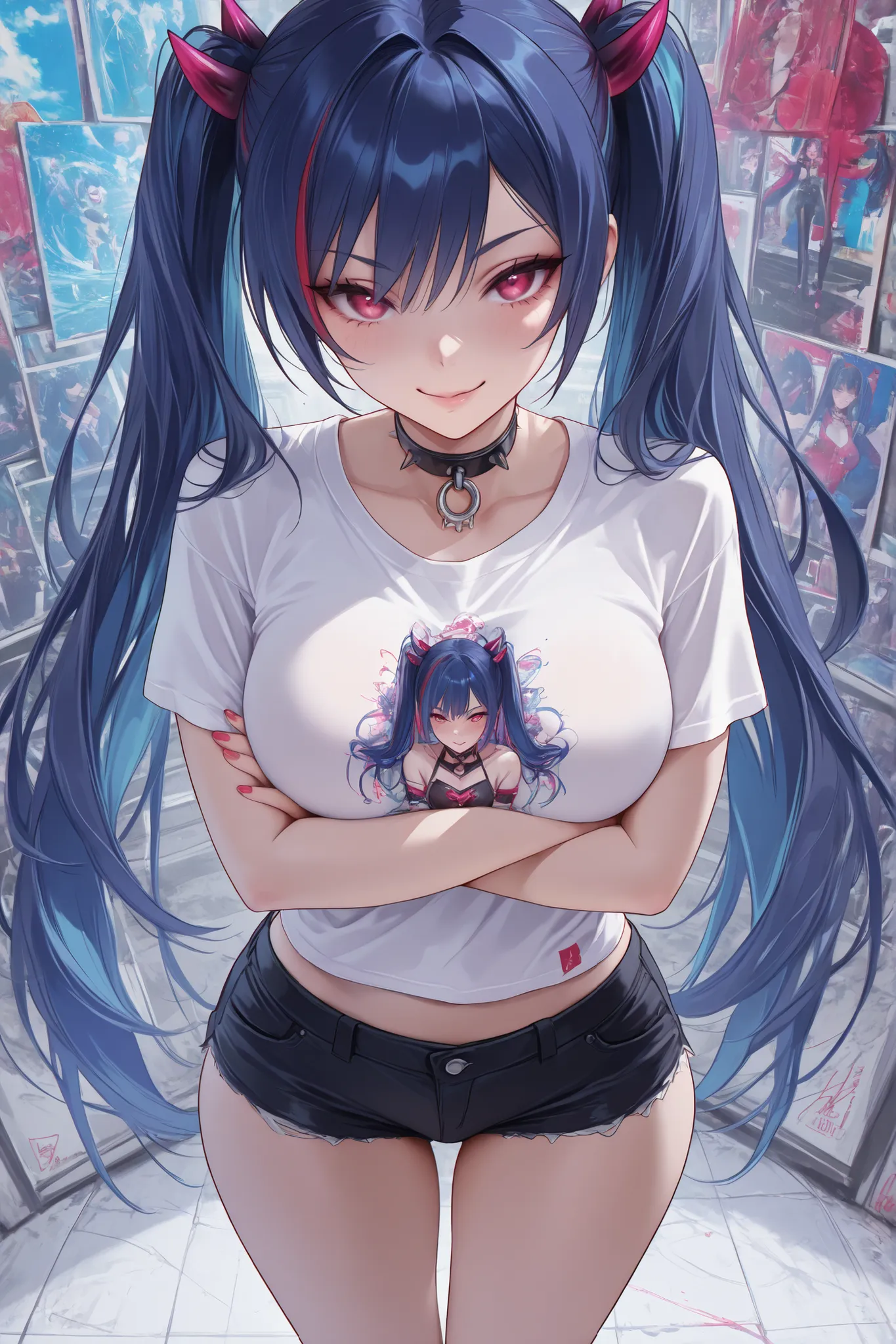 Dratena Belbury , masterpiece , best quality , amazing quality , 1girl , NSFW , chromatic aberration , very long hair, Red eyes,  twintails , breasts, Art exhibition, top view, many paintings, sly expression, sly smile, blue marker in hand, white T-shirt, ...