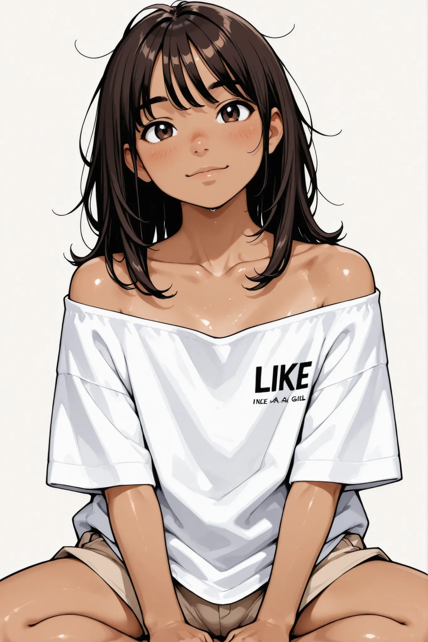 1Boy,((like a girl)),Super Detailed,absolute resolution,(dynamic angles),(tanned skin:0.3),portrait,((pinup)),Next to viewer,(pose),oversized white off-shoulder shirt,(Plain shirt),((untucked shirt)),brown mini Culottes,barefoot,detailed and beautiful eyes...