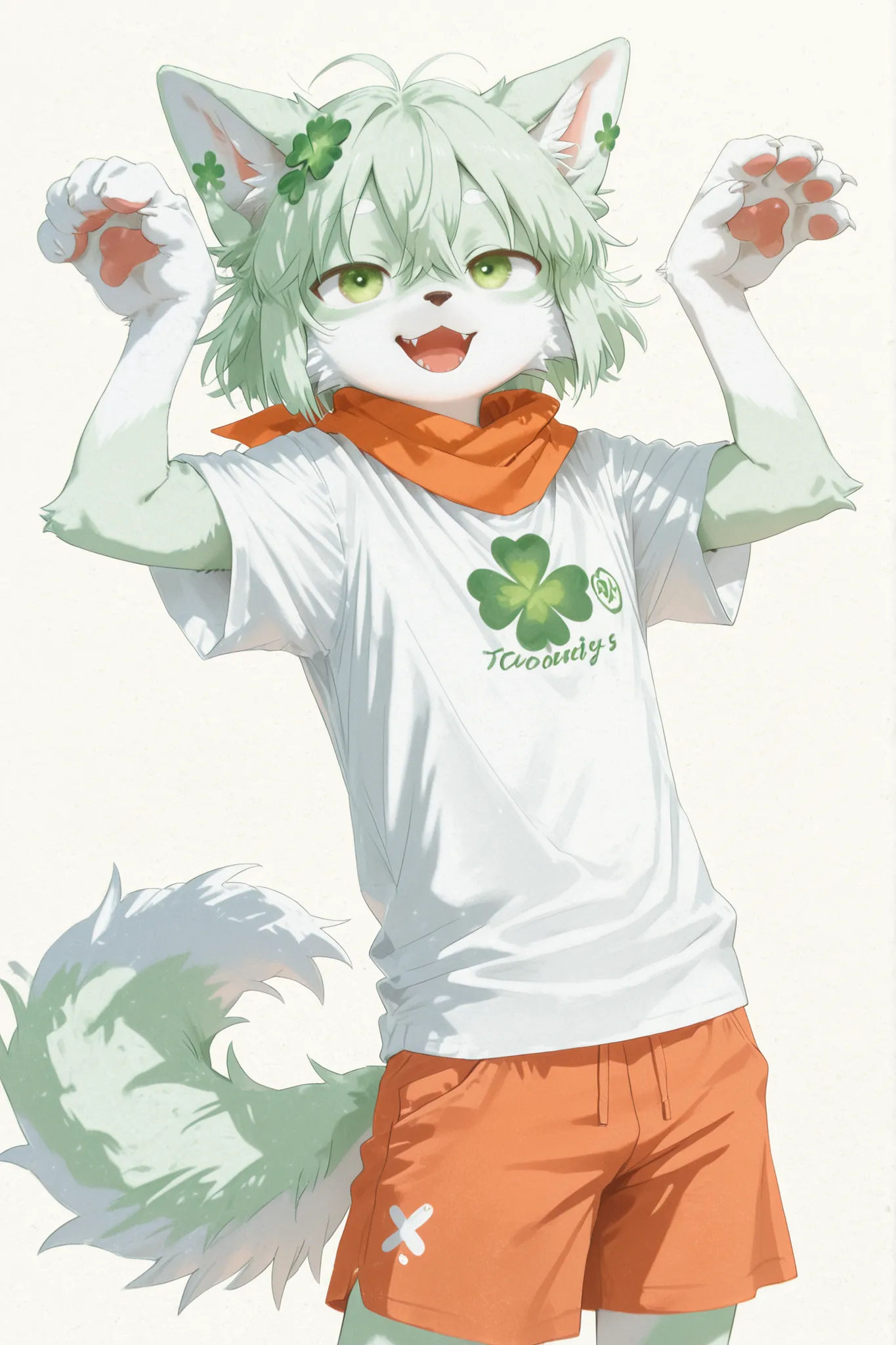 eye_focus,"furry, male dog boy, folded ears, clover-themed, white and light green fur, light green eyes, fluffy light green hair, kemono style, young boy, cute expression, white shirt, orange scarf, orange shorts, furry, clean clothes, soft fabric texture...