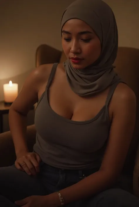 An Indonesian woman is seen sitting in a room lit only by candlelight. The woman is wearing a wide hijab and sensual red lipstick. The woman is wearing a Tank Top and tight leggings. The woman has a well-proportioned body with large breasts and curves like...