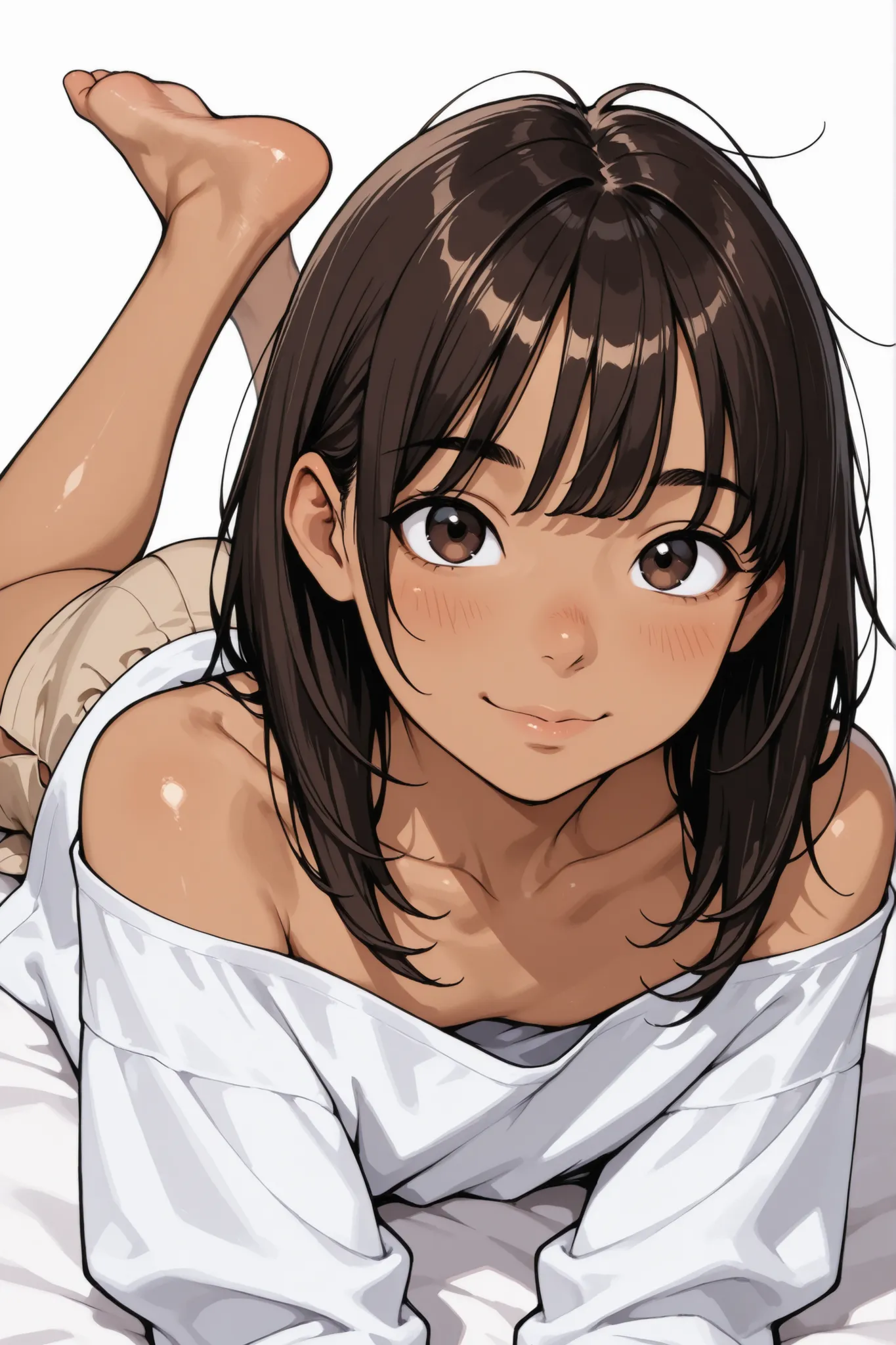1Boy,((like a girl)),Super Detailed,absolute resolution,(dynamic angles),(tanned skin:0.3),portrait,((pinup)),Beside viewer,(pose),lying,oversized white off-shoulder shirt,(Plain shirt),((untucked shirt)),brown mini Culottes,barefoot,detailed and beautiful...