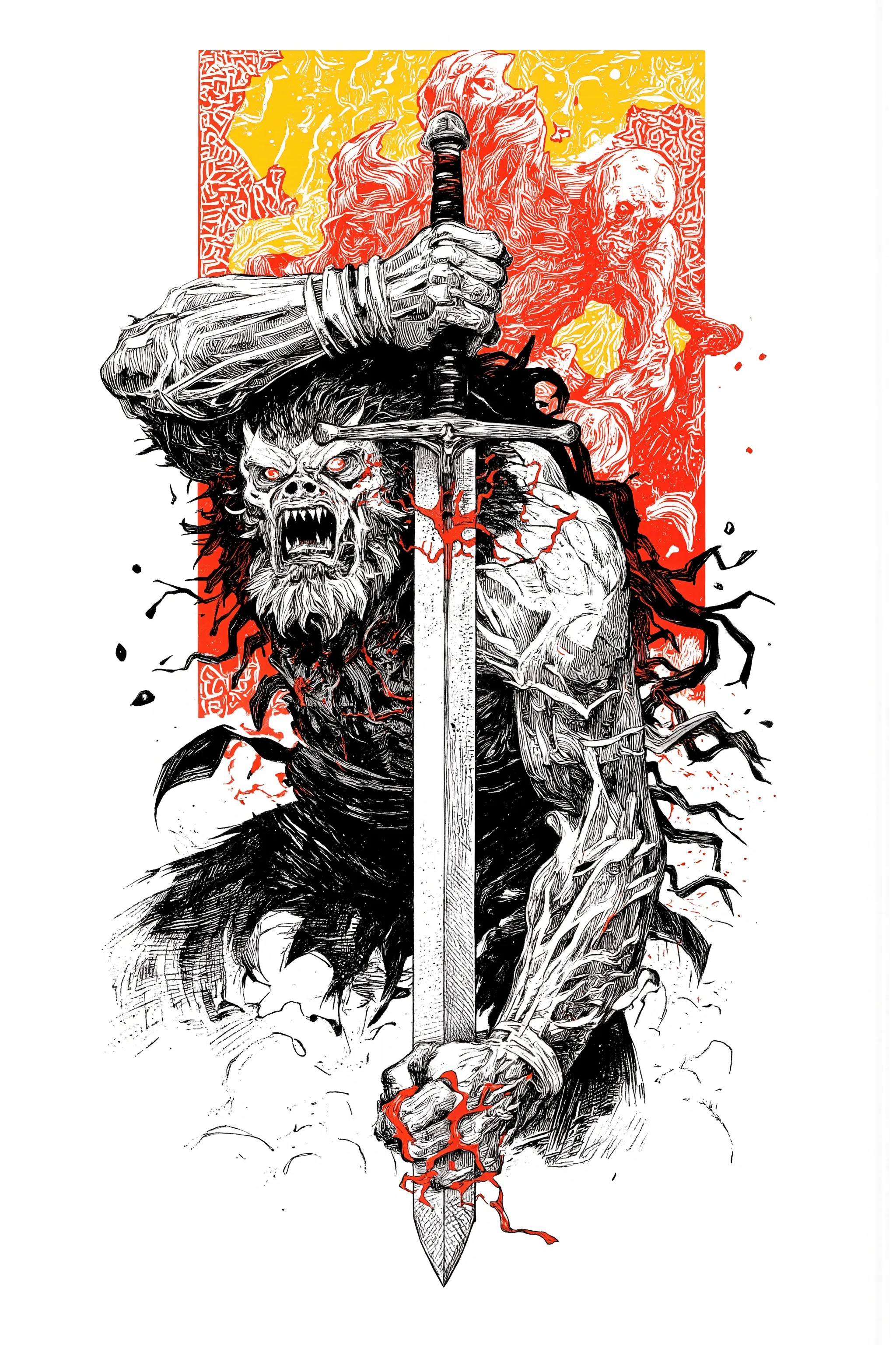 白色背景に黒色のインクで描かれた剣を持った狂人の Warrior Monster  🧌の絵, INSPIRED SCREENPRINT  ,  mixed style , white ink sketch on black paper,  graphic details ,   Indigenous Carvings  , 高コントラストのwoodcut, black and white sculpture  ,   Delicate Sumi-Painting Details  , on black pa...