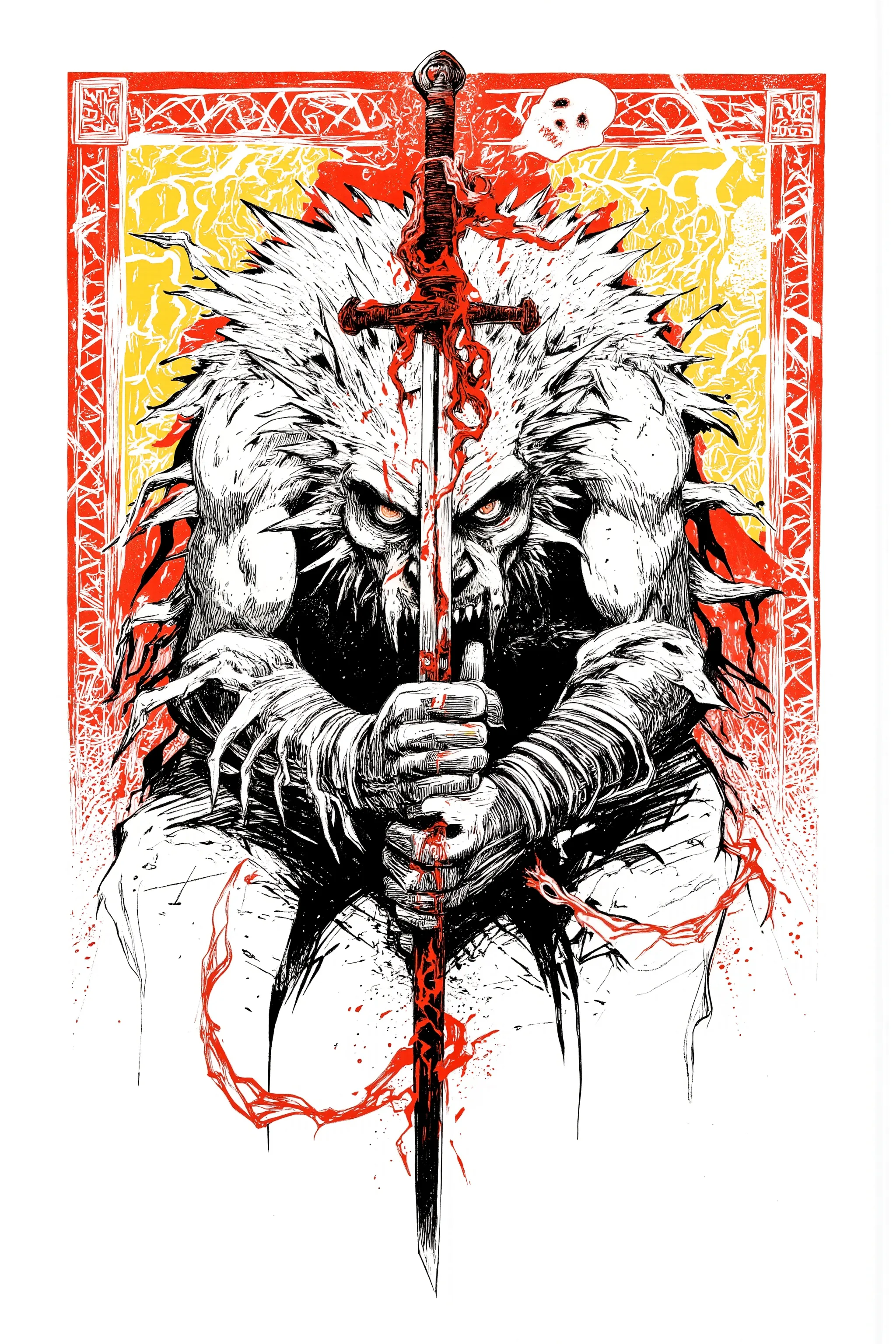 白色背景に黒色のインクで描かれた剣を持った狂人の Warrior Monster  🧌の絵, INSPIRED SCREENPRINT  ,  mixed style , white ink sketch on black paper,  graphic details ,   Indigenous Carvings  , 高コントラストのwoodcut, black and white sculpture  ,   Delicate Sumi-Painting Details  , on black pa...