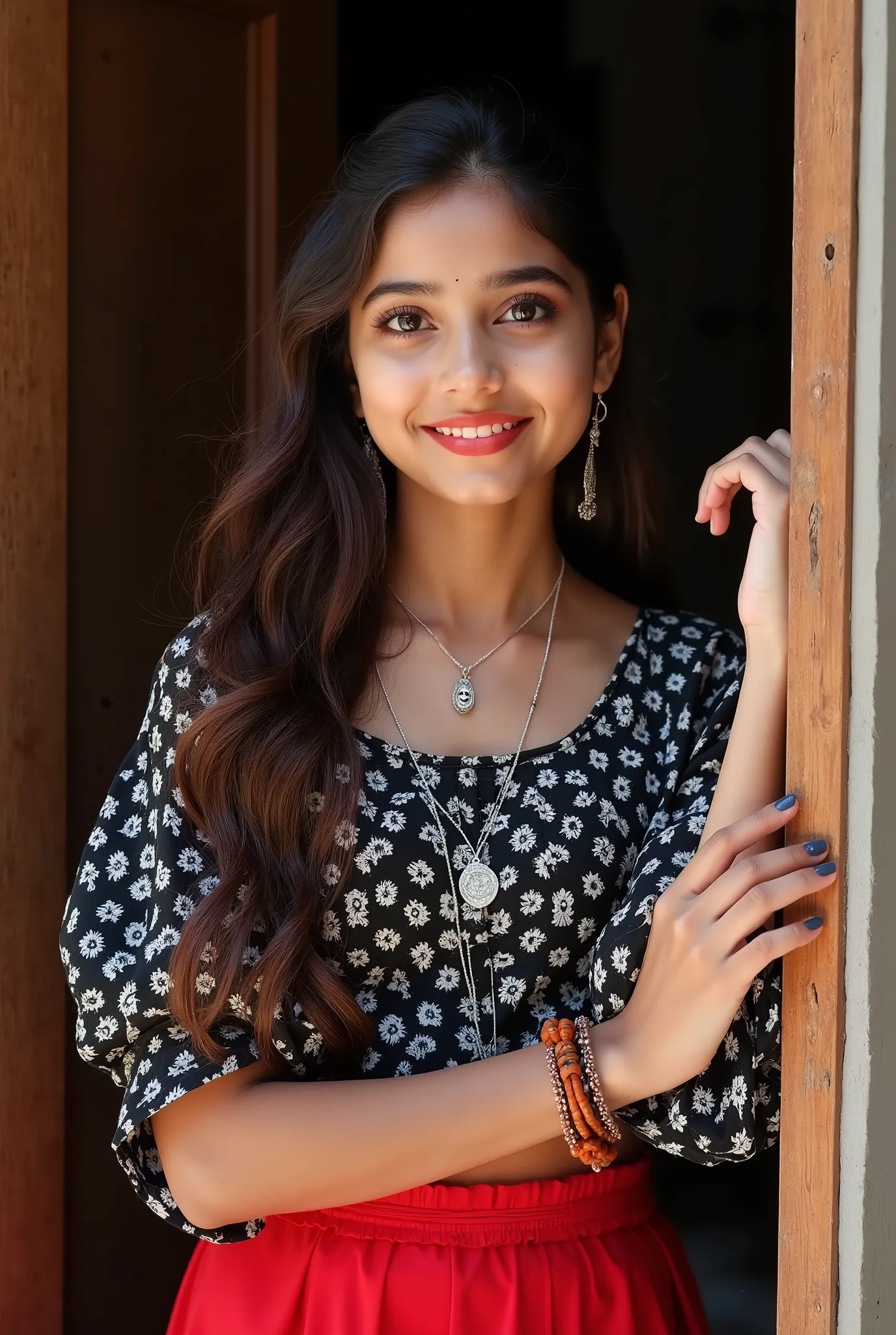 anaswarasdxl, cuteloli, Full image of a young girl with makeup, smiling, Indian skin tone, light brown eyes, fox-eyelashes, silver color eyeshadow, matte red lips. Her hairs are long, brown, stylish and straight. She is wearing a Vintage Black & White Lant...