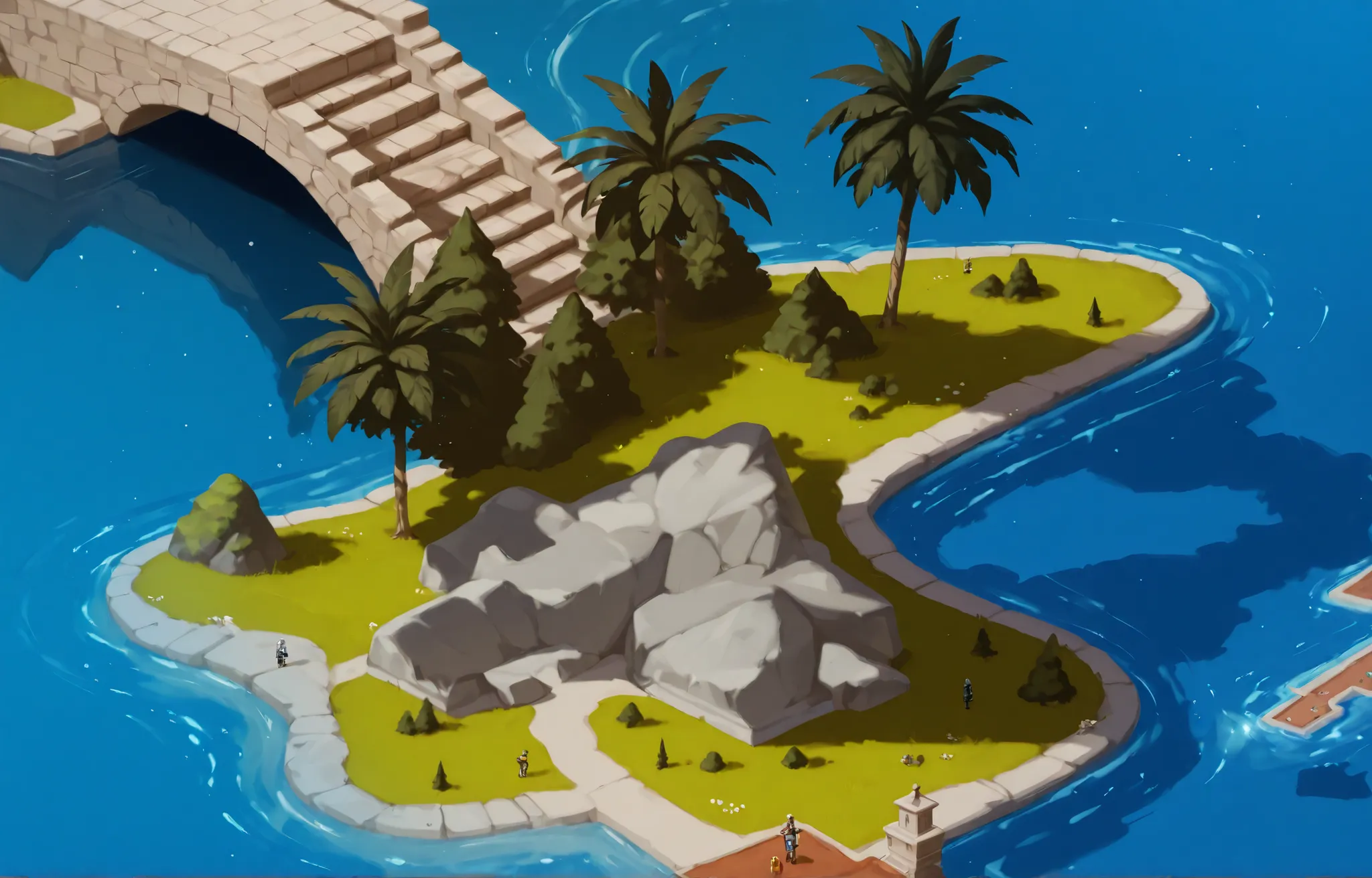 ((развалины)), ((заросли)), ((лианы)) грязь, кусты, разруха)), ((location)). ((no piople)), Isometric game for upgradeable city-builder, ((современный остров)), ((пальмы)), ((море)), ((вода)), ((облака))
