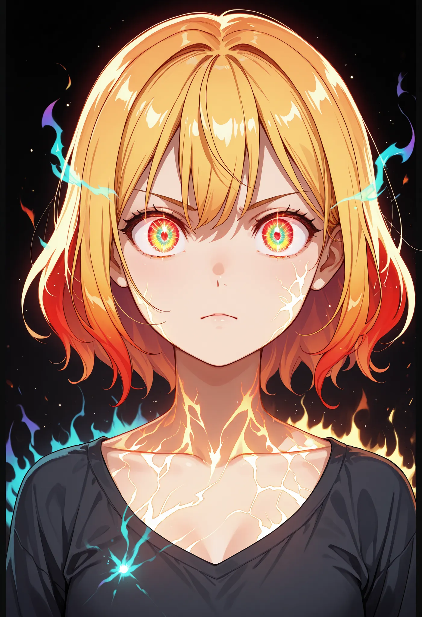 (high-quality, breathtaking),(expressive eyes, perfect face) 1girl, Symmetrical Eyes, aura, glowing, energy, cowboy shot, fire, glowing eyes, yellow aura, glow particle,translucent fluorescent,optical flares, glowingveins, red theme, serious expression, gl...