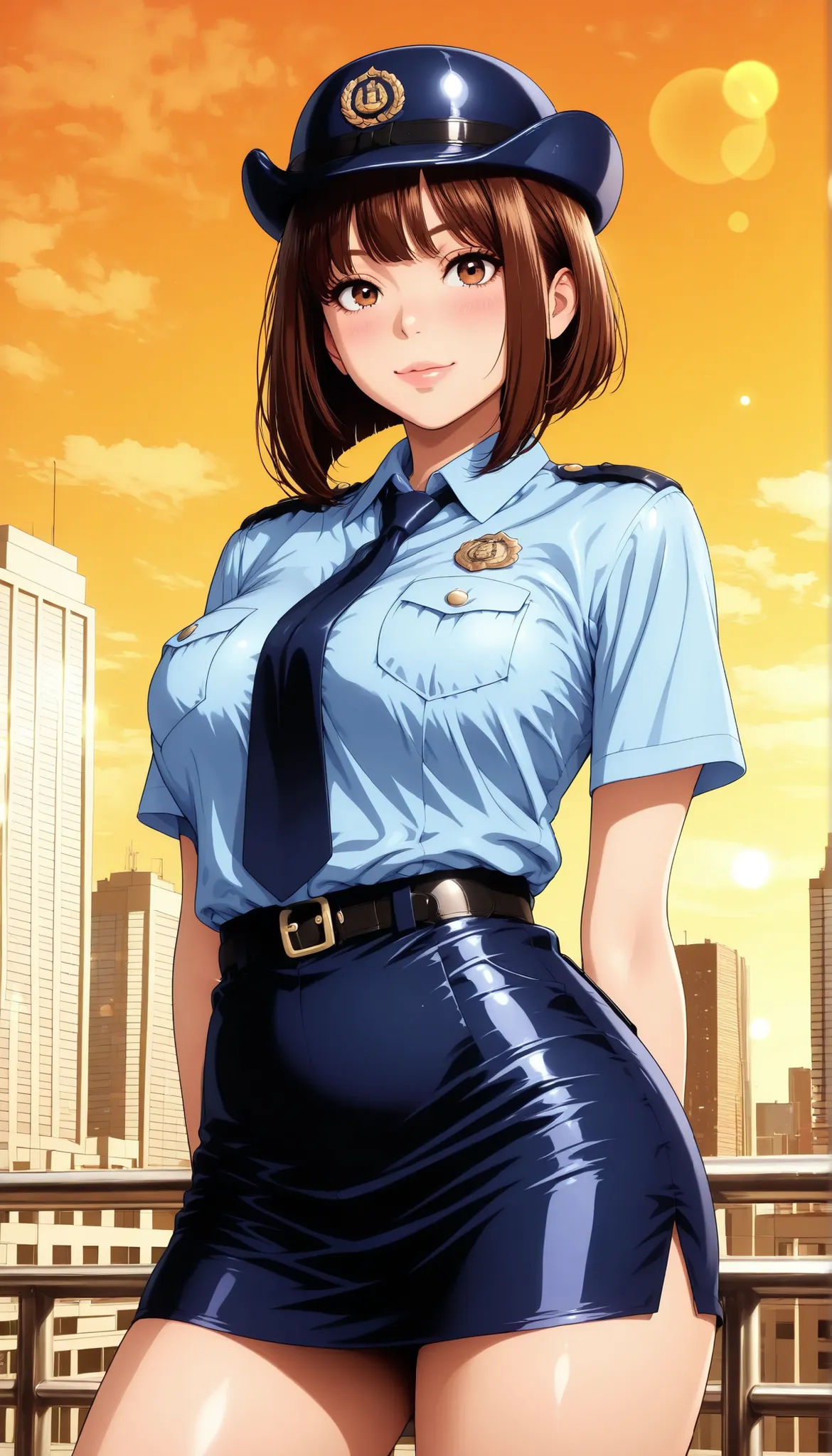 Semi realistic, solo, female police officer, Standing Pose, cowboy shot, low angle, downtown, cityscape, Pedestrian bridge, (police uniform, miniskirt, female service cap), beautiful expression , kind smile, attractive eyes, glossy skin, graceful behavior...