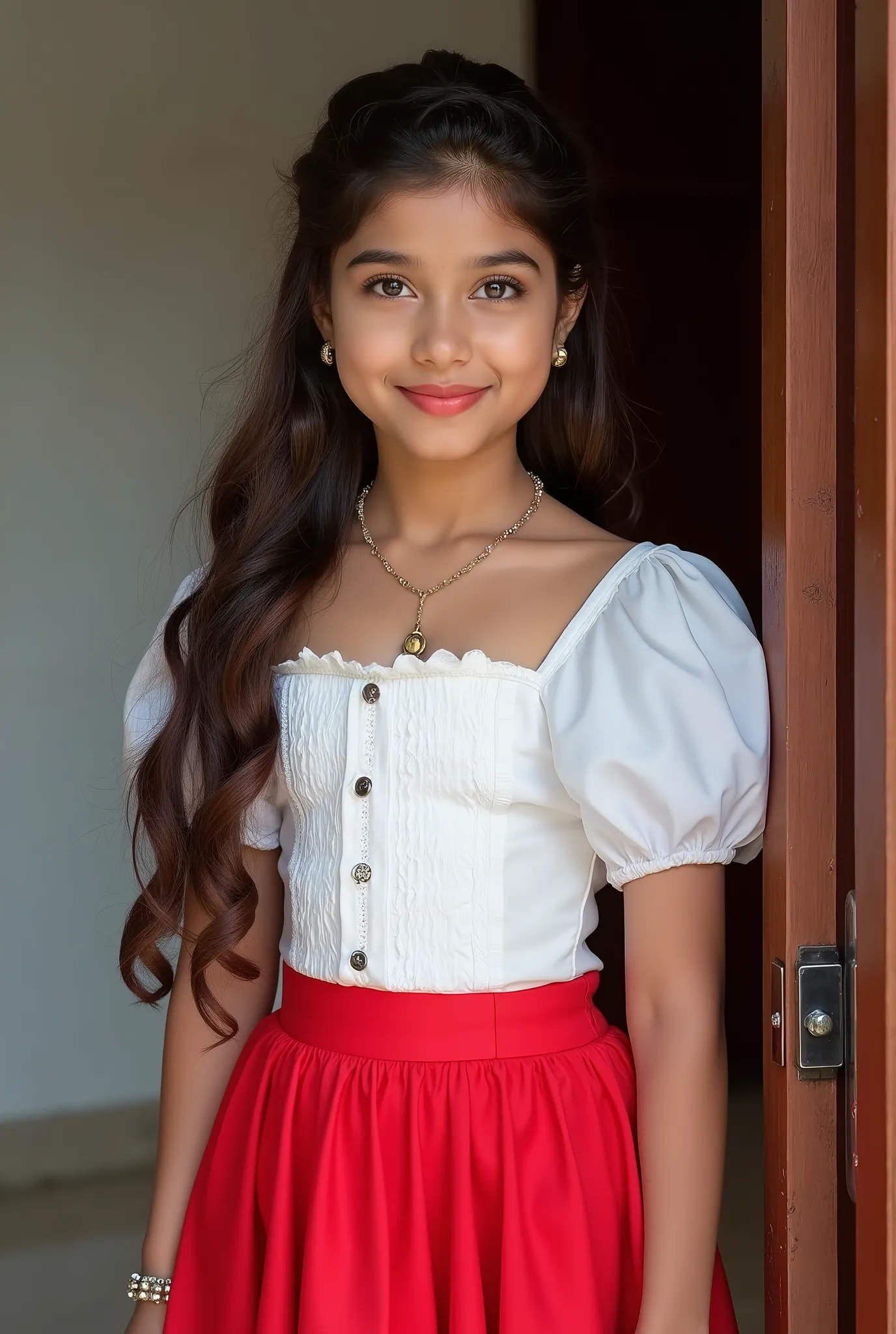 anaswarasdxl, cuteloli, Full image of a young girl with makeup, smiling, Indian skin tone, light brown eyes, fox-eyelashes, silver color eyeshadow, matte red lips. Her hairs are long, brown, stylish and straight. She is wearing a white corset top with Puff...