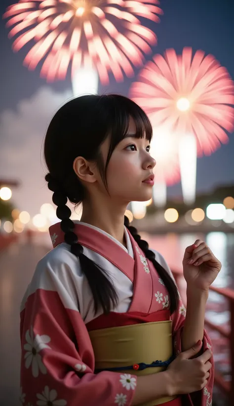 (8k), (best quality), RAW photo, DEEP focus, (photo realistic:1.4), Very cute Japanese girl, without makeup,(very thin), (Very short girl), ((braids)) , ((wearing a Japanese kimono with a beautiful floral pattern)), holding a fan and looking up in profil...