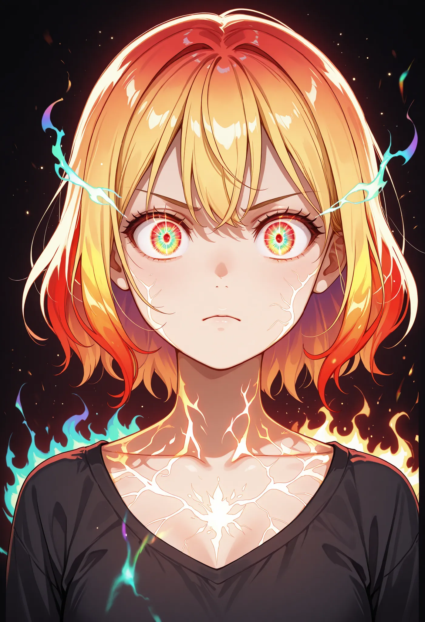 (high-quality, breathtaking),(expressive eyes, perfect face) 1girl, Symmetrical Eyes, aura, glowing, energy, cowboy shot, fire, glowing eyes, yellow aura, glow particle,translucent fluorescent,optical flares, glowingveins, red theme, serious expression, gl...