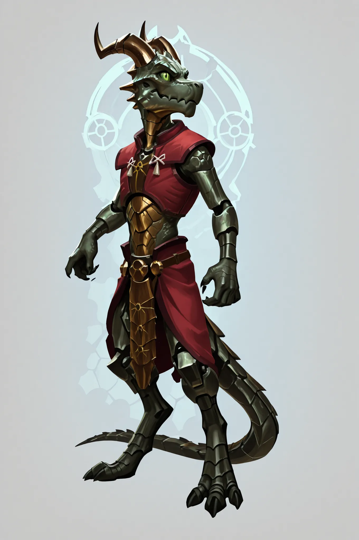 Necron ,kobold, iron scales, archer, horns, fullbody art, solo, lean,