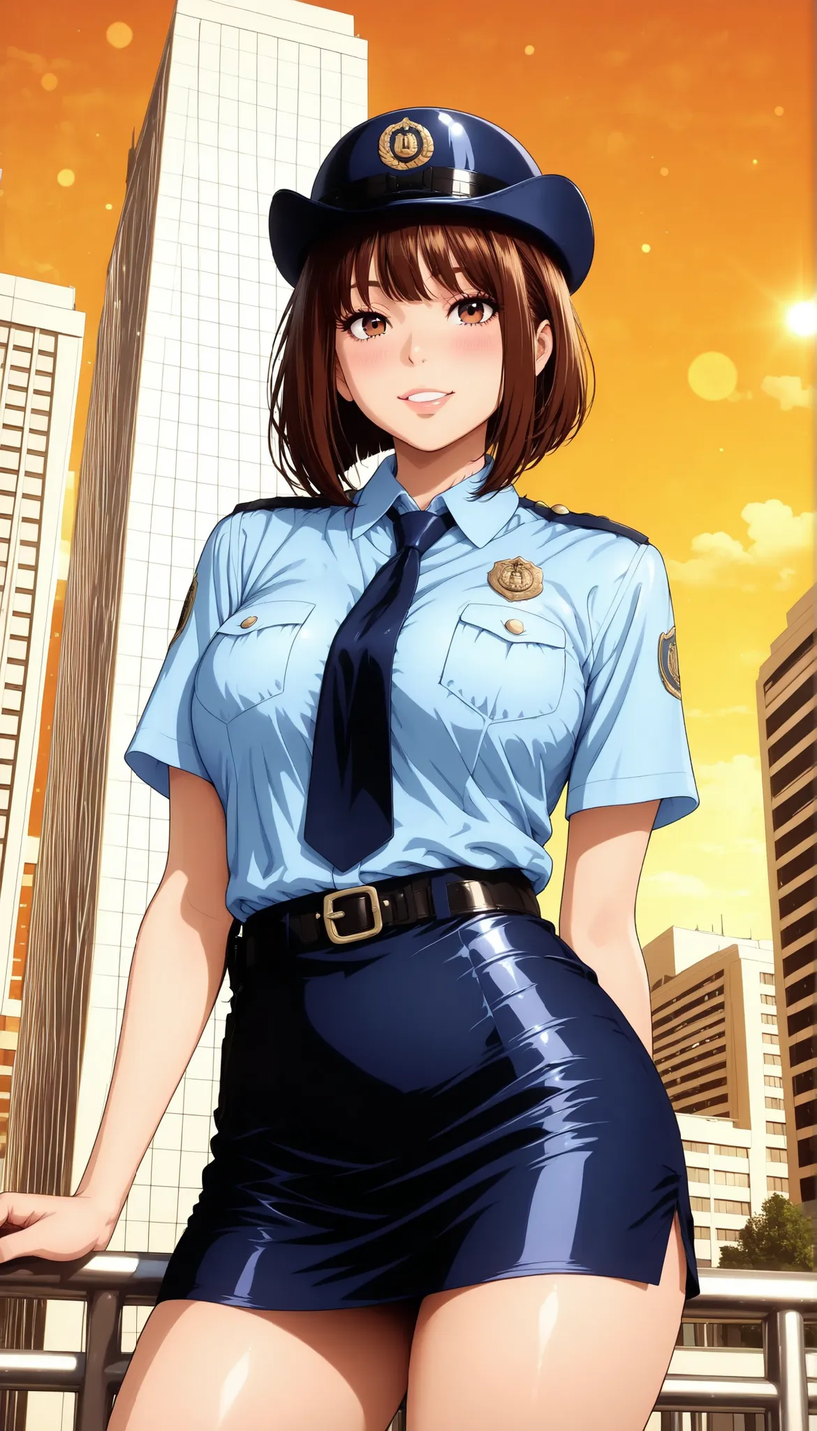 Semi realistic, solo, female police officer, Standing Pose, cowboy shot, low angle, downtown, cityscape, Pedestrian bridge, (police uniform, miniskirt, female service cap), beautiful expression , kind smile, attractive eyes, glossy skin, graceful behavior...