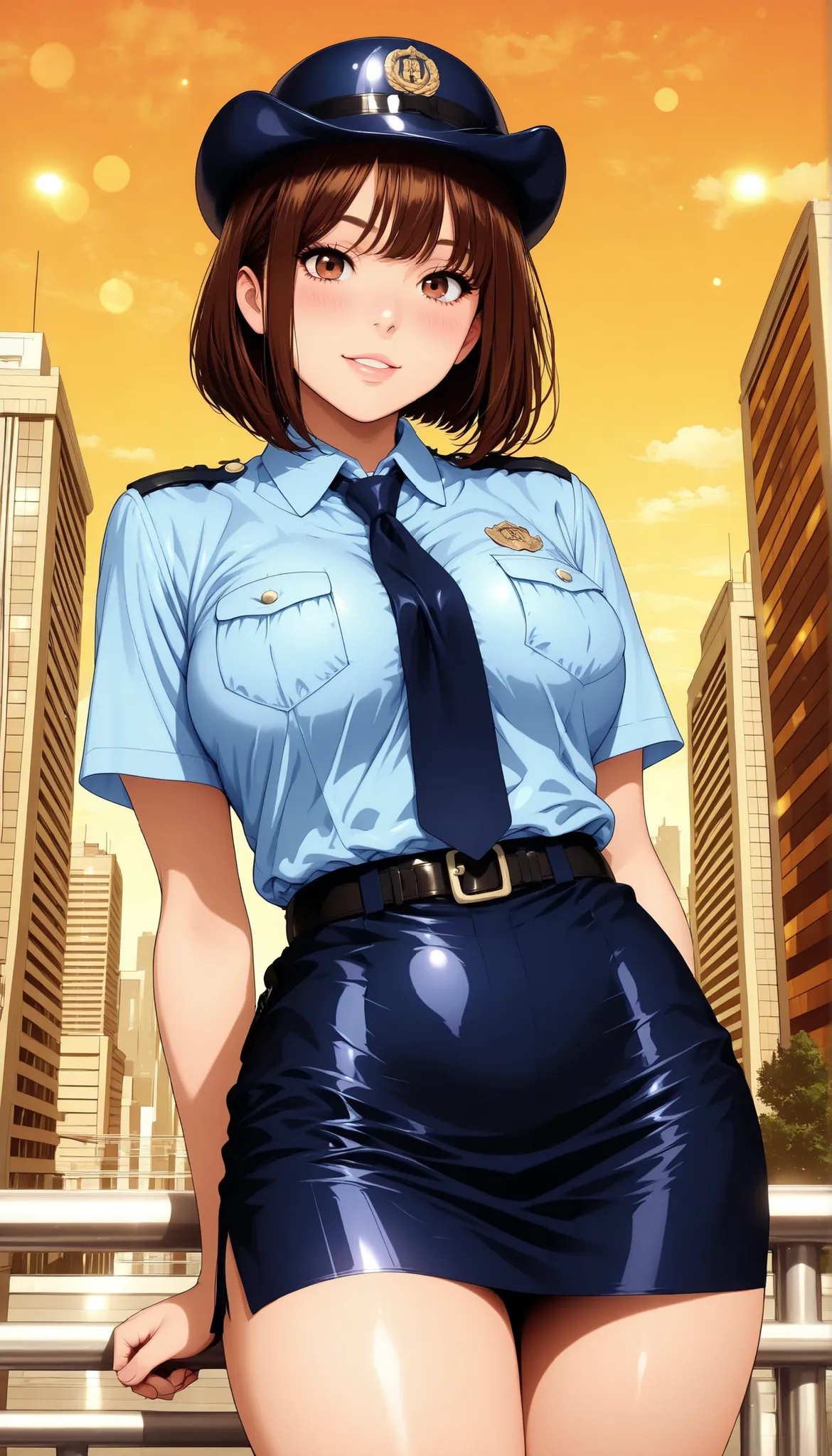 Semi realistic, solo, female police officer, Standing Pose, cowboy shot, low angle, downtown, cityscape, Pedestrian bridge, (police uniform, miniskirt, female service cap), beautiful expression , kind smile, attractive eyes, glossy skin, graceful behavior...