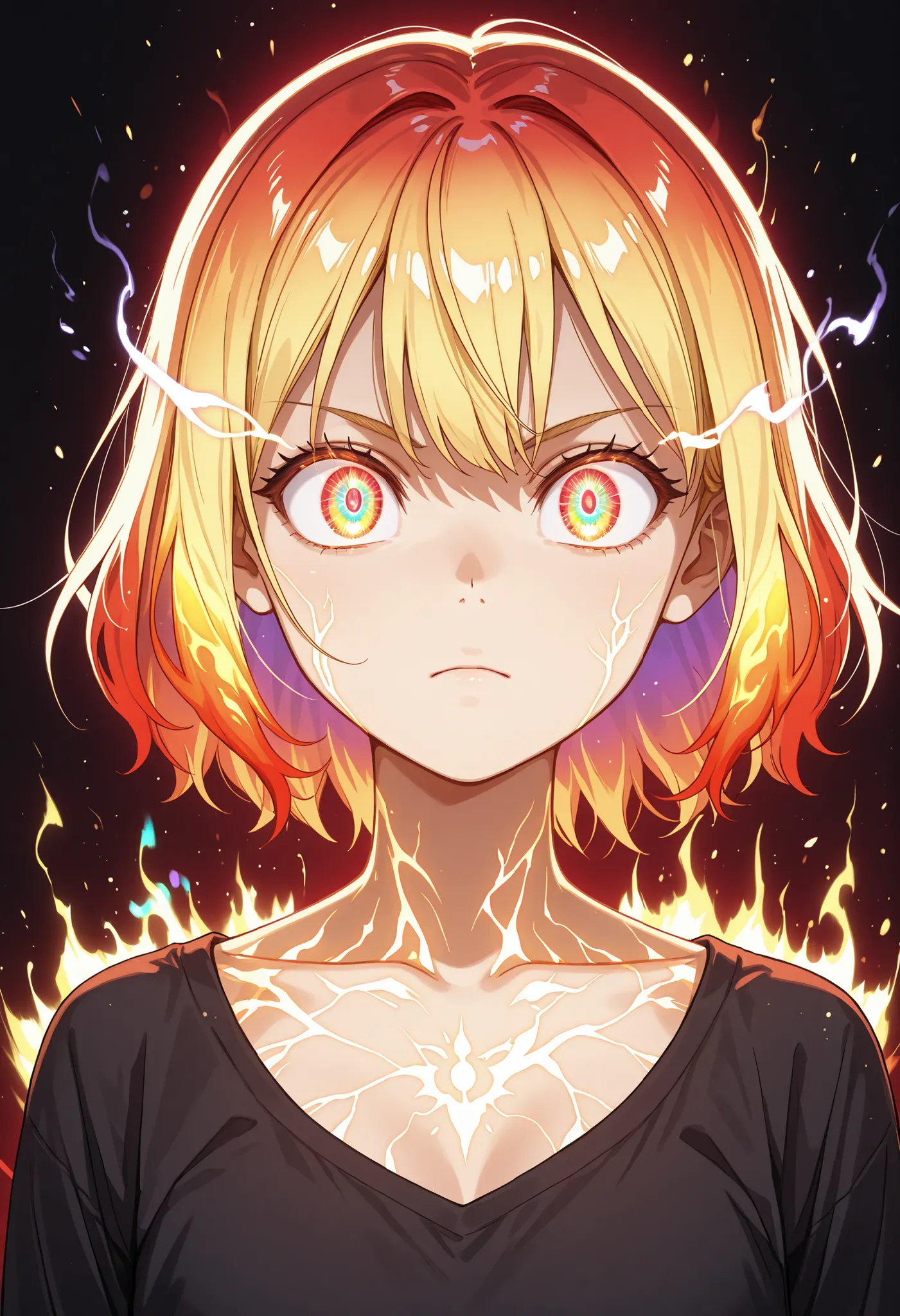 (high-quality, breathtaking),(expressive eyes, perfect face) 1girl, Symmetrical Eyes, aura, glowing, energy, cowboy shot, fire, glowing eyes, yellow aura, glow particle,translucent fluorescent,optical flares, glowingveins, red theme, serious expression, gl...