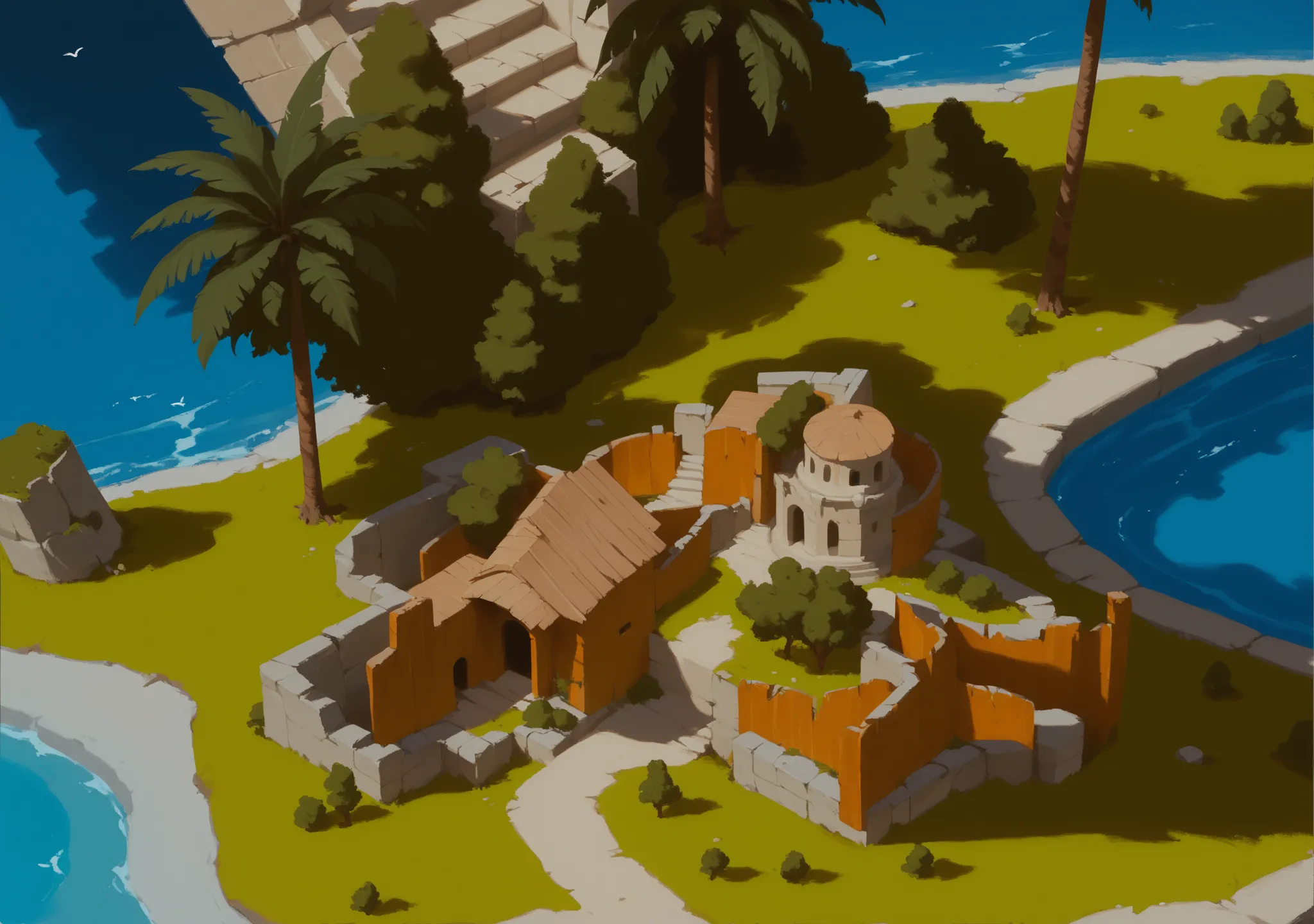 ((The building is made of wood)), ((ruins)), ((ruined wooden villa)), ((thickets)), ((lianas))  mud, Bushes, ruin)), ((location)). ((no piople)), Isometric game for upgradeable city-builder, ((modern island)), ((palm trees)), ((sea)), ((water)), ((clouds))
