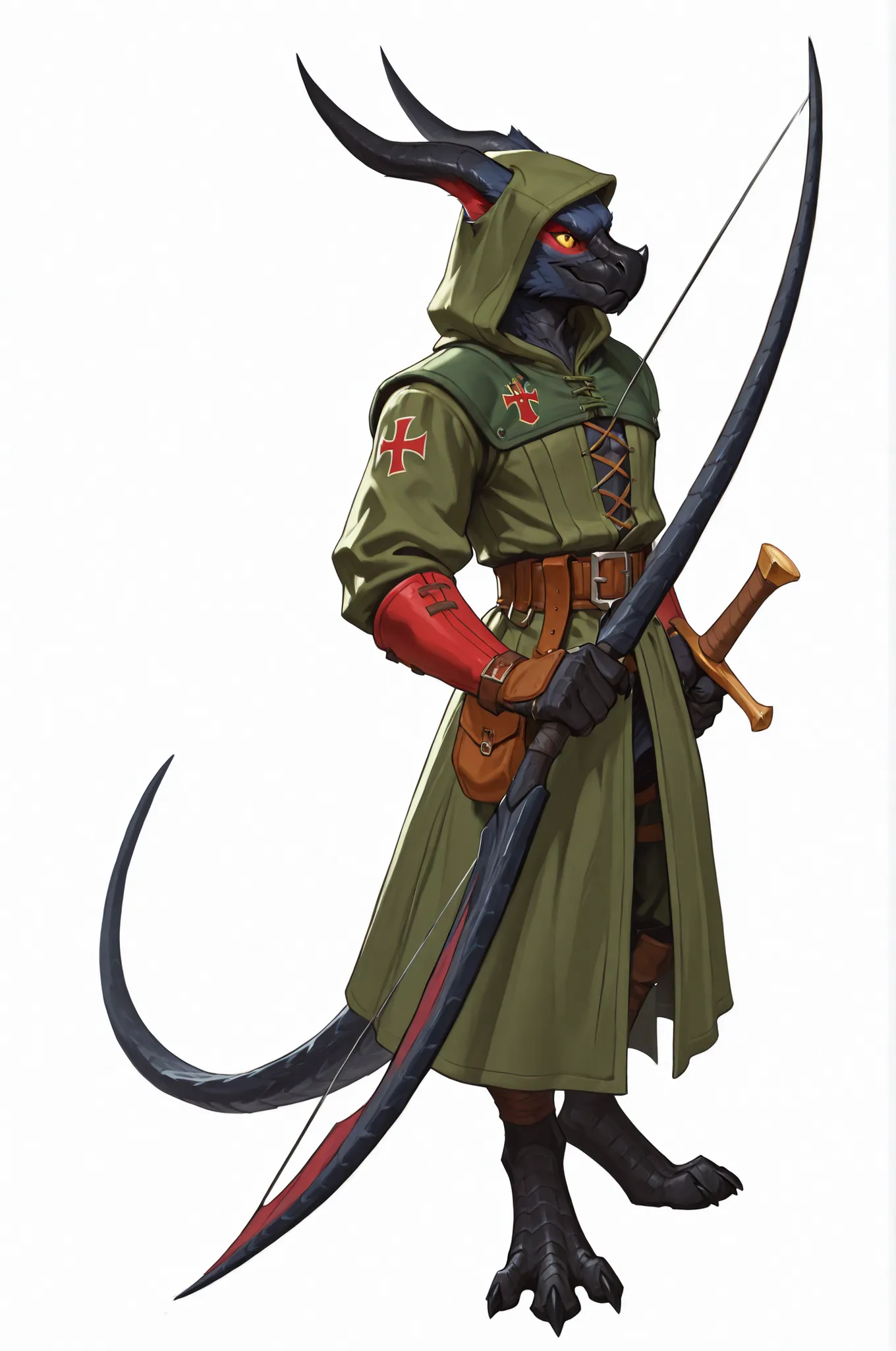 Nargacuga ,kobold, black scales, archer, hood, militar green hunter clothes, horns, fullbody art, solo, lean, holding a long bow, white background,