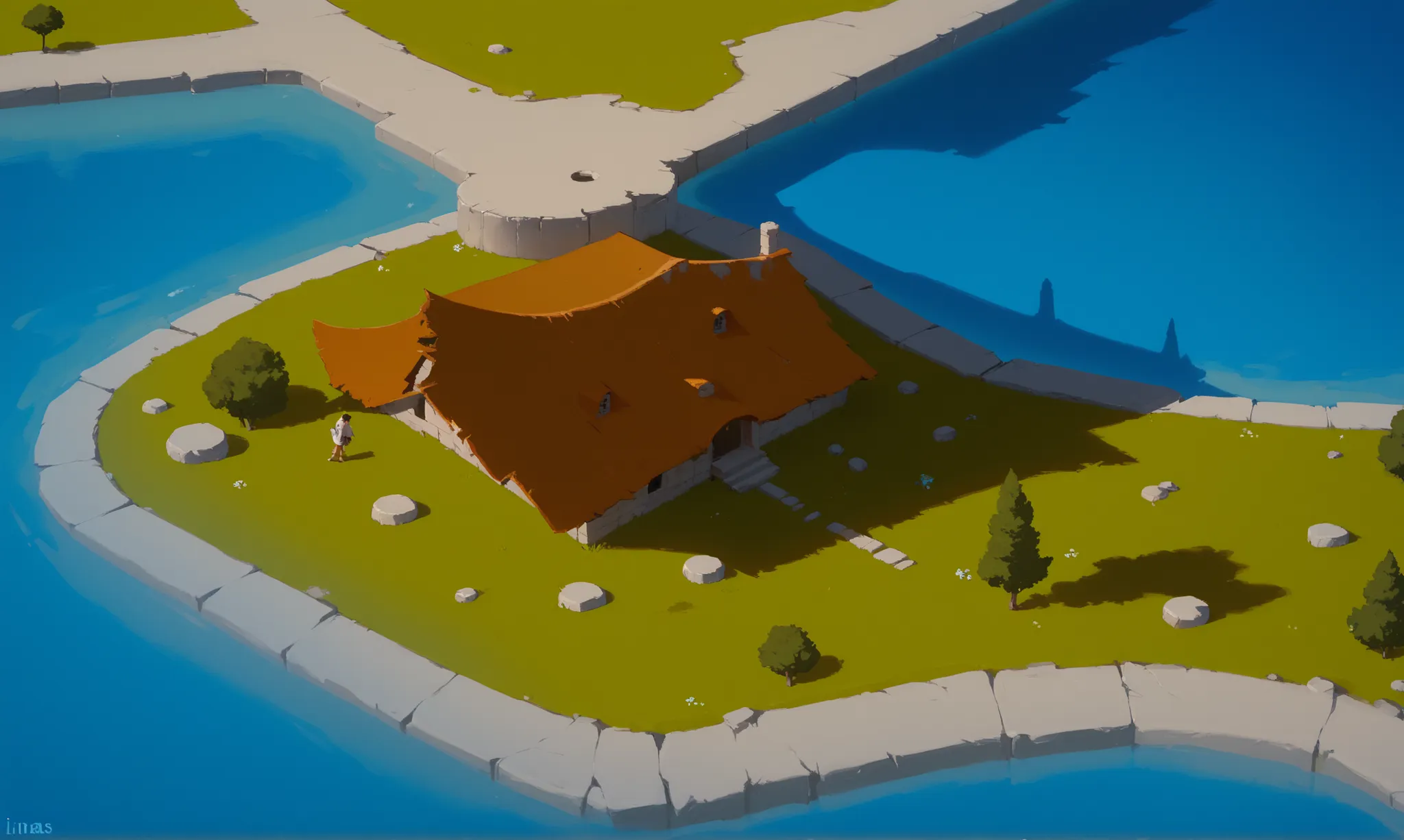 ((The building is made of wood)), ((ruins)), ((ruined wooden villa)), ((thickets)), ((lianas))  mud, Bushes, ruin)), ((location)). ((no piople)), Isometric game for upgradeable city-builder, ((modern island)), ((palm trees)), ((sea)), ((water)), ((clouds))