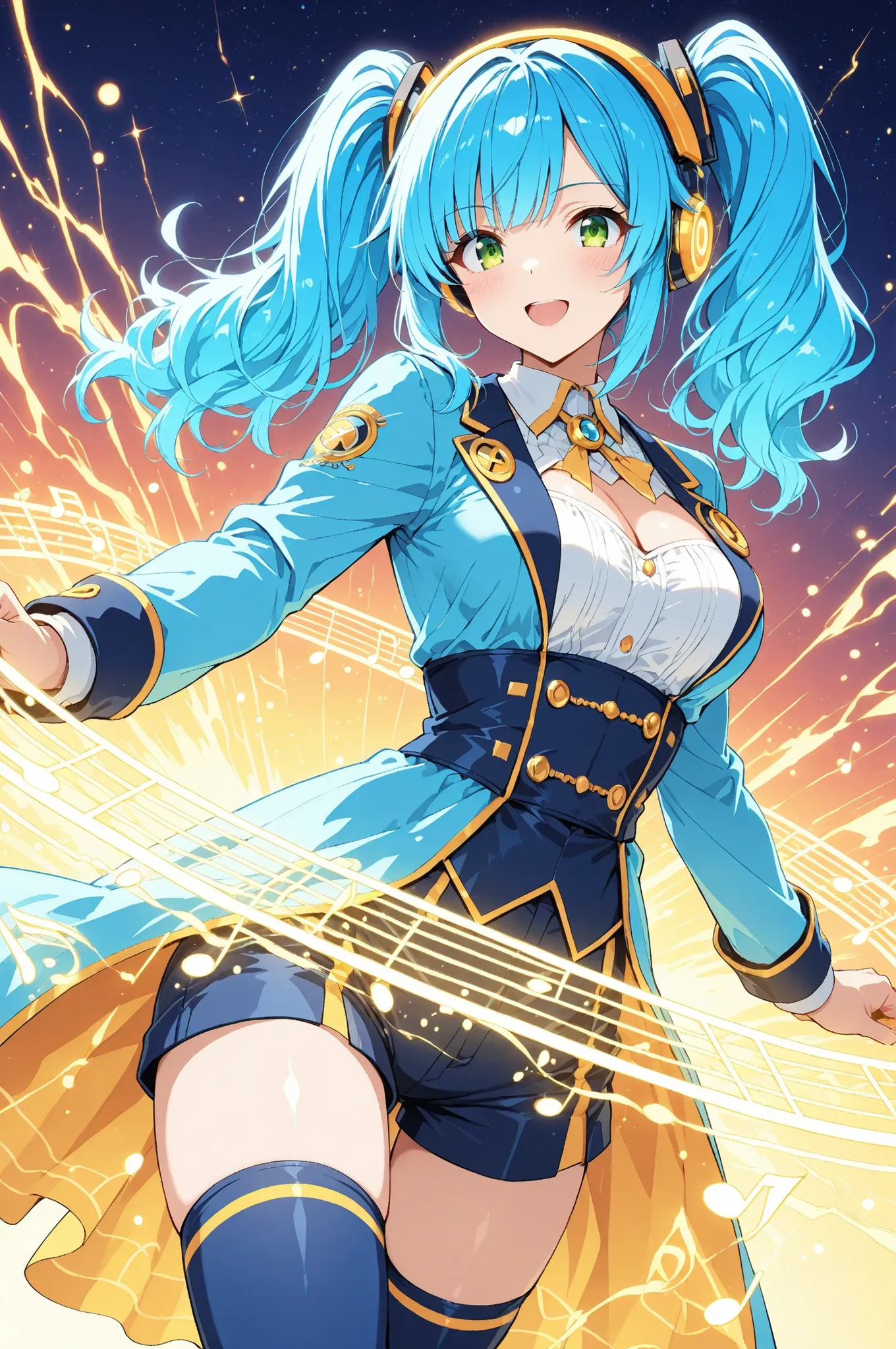 humming_notation_converter_scene:
base: masterpiece, anime artwork, score_9_up, 1girl, 20yo Japanese woman, from an angle, upper body shot, detailed flat anime style
BREAK
hair: (electric blue hair:1.3), twin tails with musical note highlights, sonic...