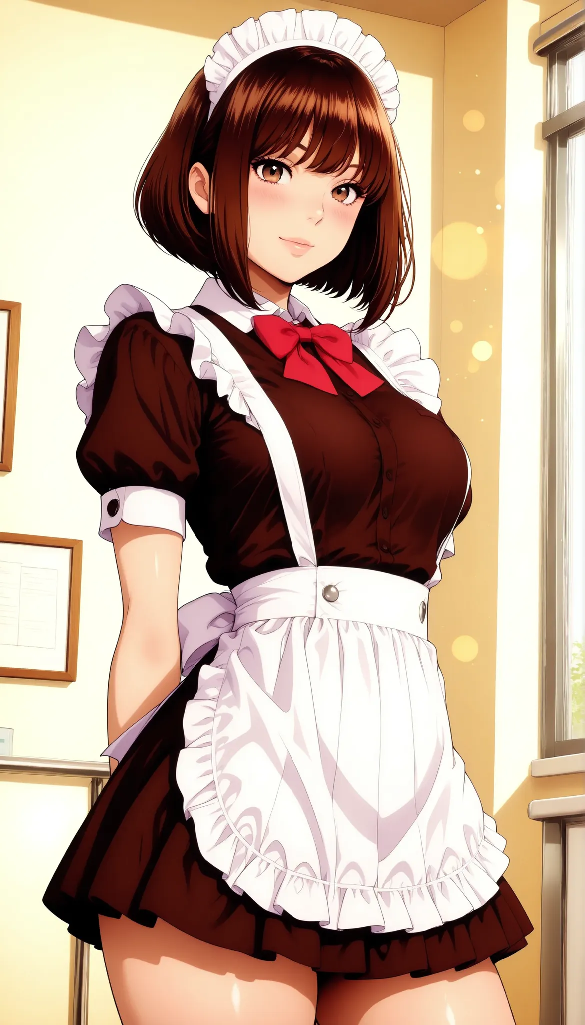 Semi realistic, solo, Maid Outfit, Standing Pose, low angle, cafe, Hospital, (フリル付きMaid Outfit, miniskirt), Smile Yan, 優しいSmile Yan, attractive eyes, glossy skin, graceful behavior, Fine Gloss, parted 唇, brown hair, inverted bob, blush, sexy portrait, Medi...