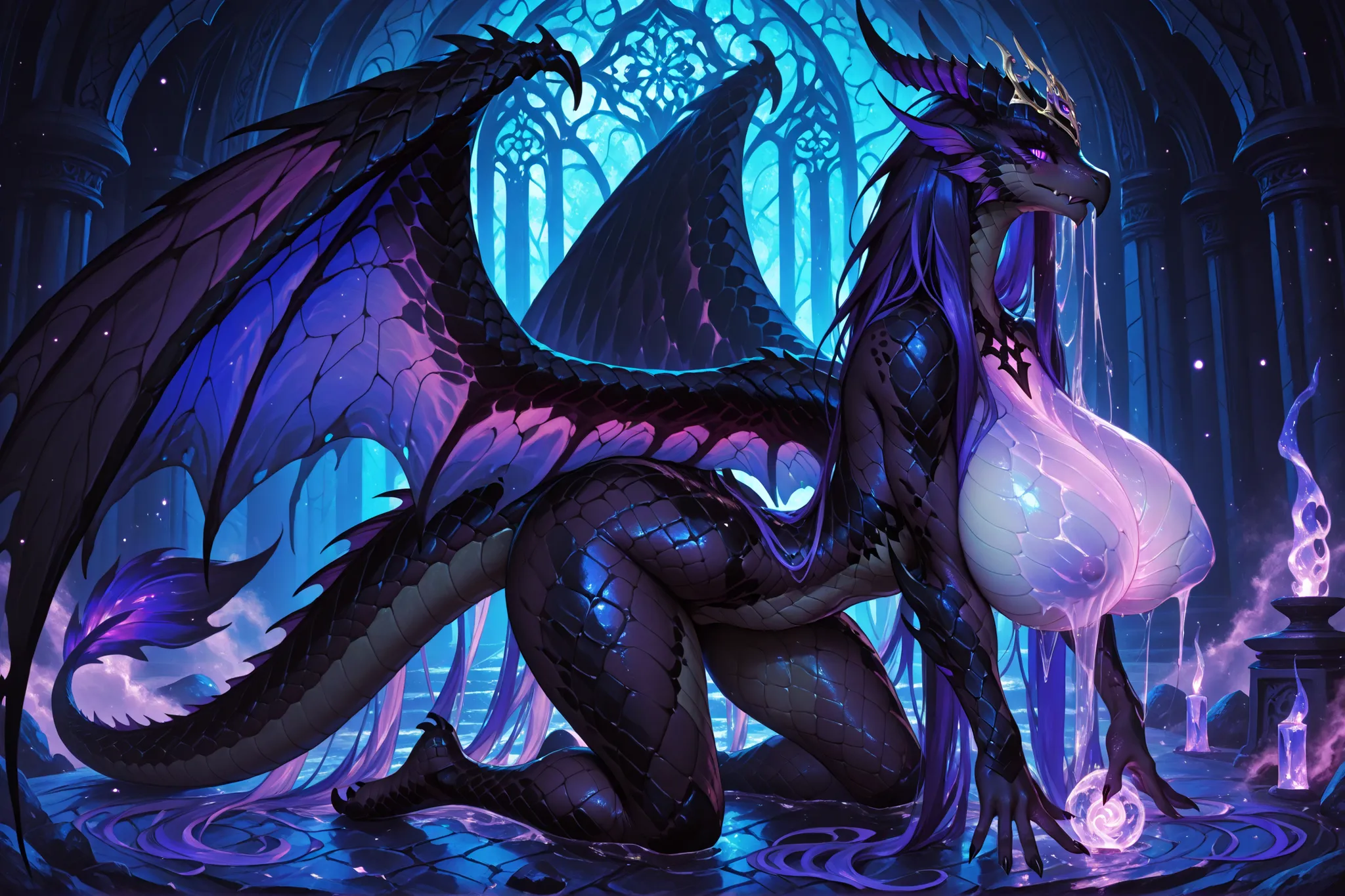 A regal majestic powerful fully draconic creature with strong feminine characteristics, keeping a dragon body as the main structure—large wings, long slender barbed tipped tail, clawed legs (front limbs have four fingered one thumb clawed hands), and draco...