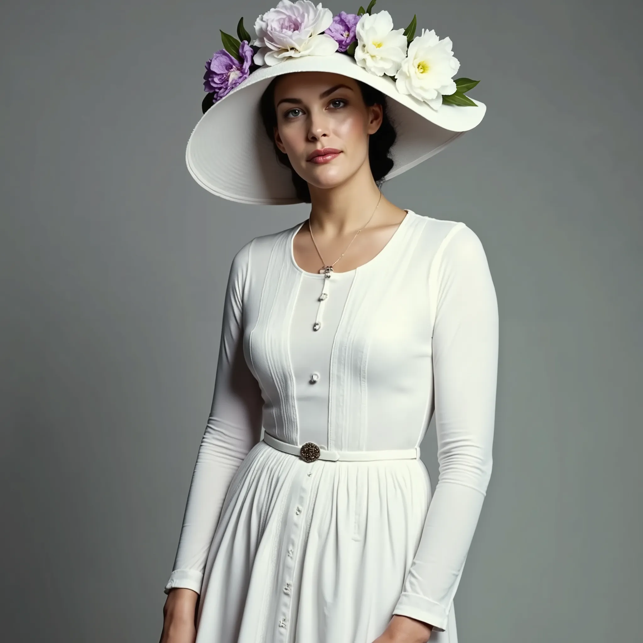 a realistic professional photo of Liv Tyler, she wears a white long old designed dress (1900) and a big white hat that covers her eyes, she has a belt that is also white and a white purple flowers on her hat and down the dress, professional lighting, clear...