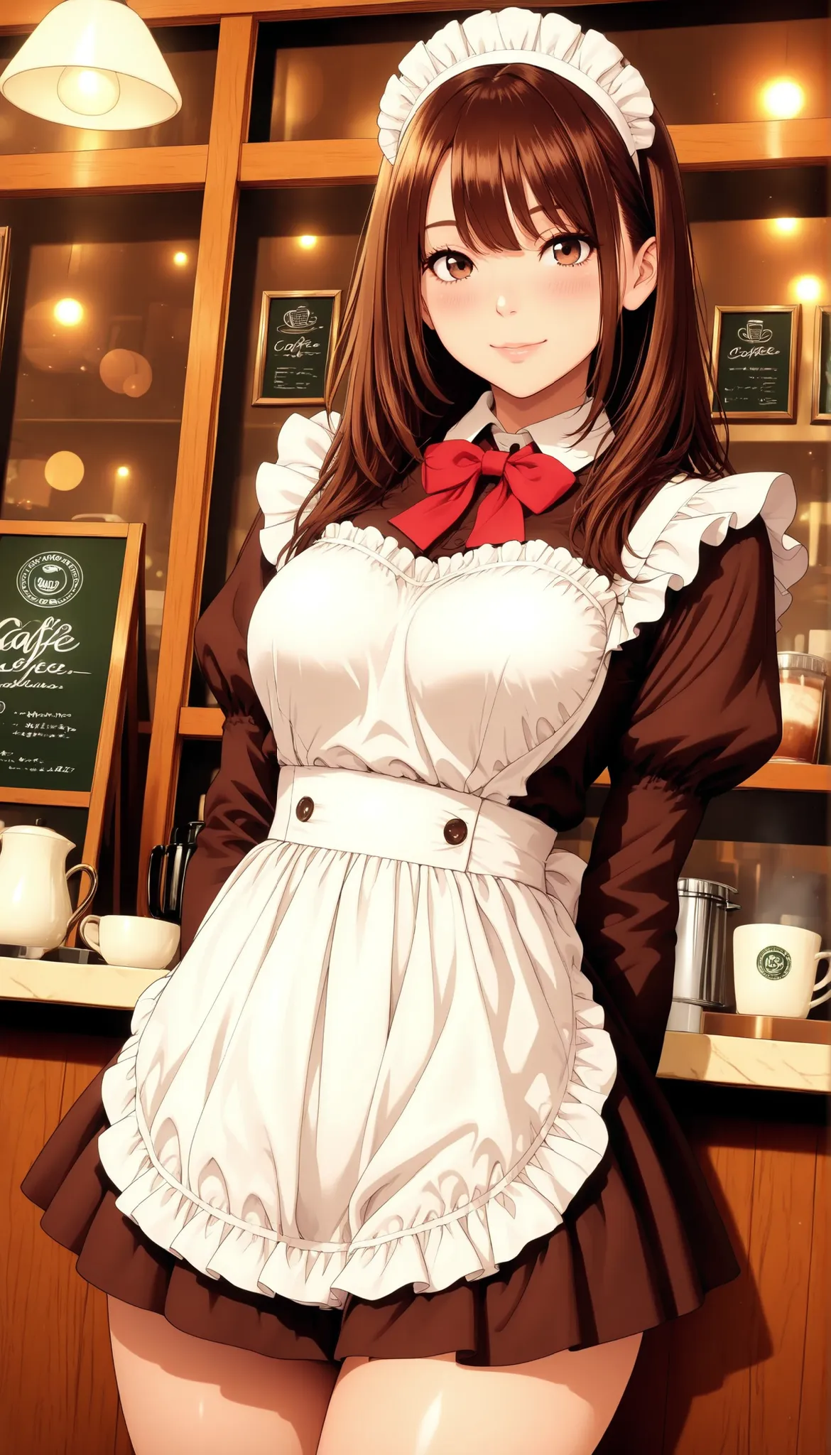 Semi realistic, solo, Maid Outfit, Standing Pose, low angle, ((cafe, Inside the coffee shop)), (フリル付きMaid Outfit, miniskirt), Smile Yan, 優しいSmile Yan, attractive eyes, glossy skin, graceful behavior, Fine Gloss, parted 唇, brown hair, Medium straight hair, ...