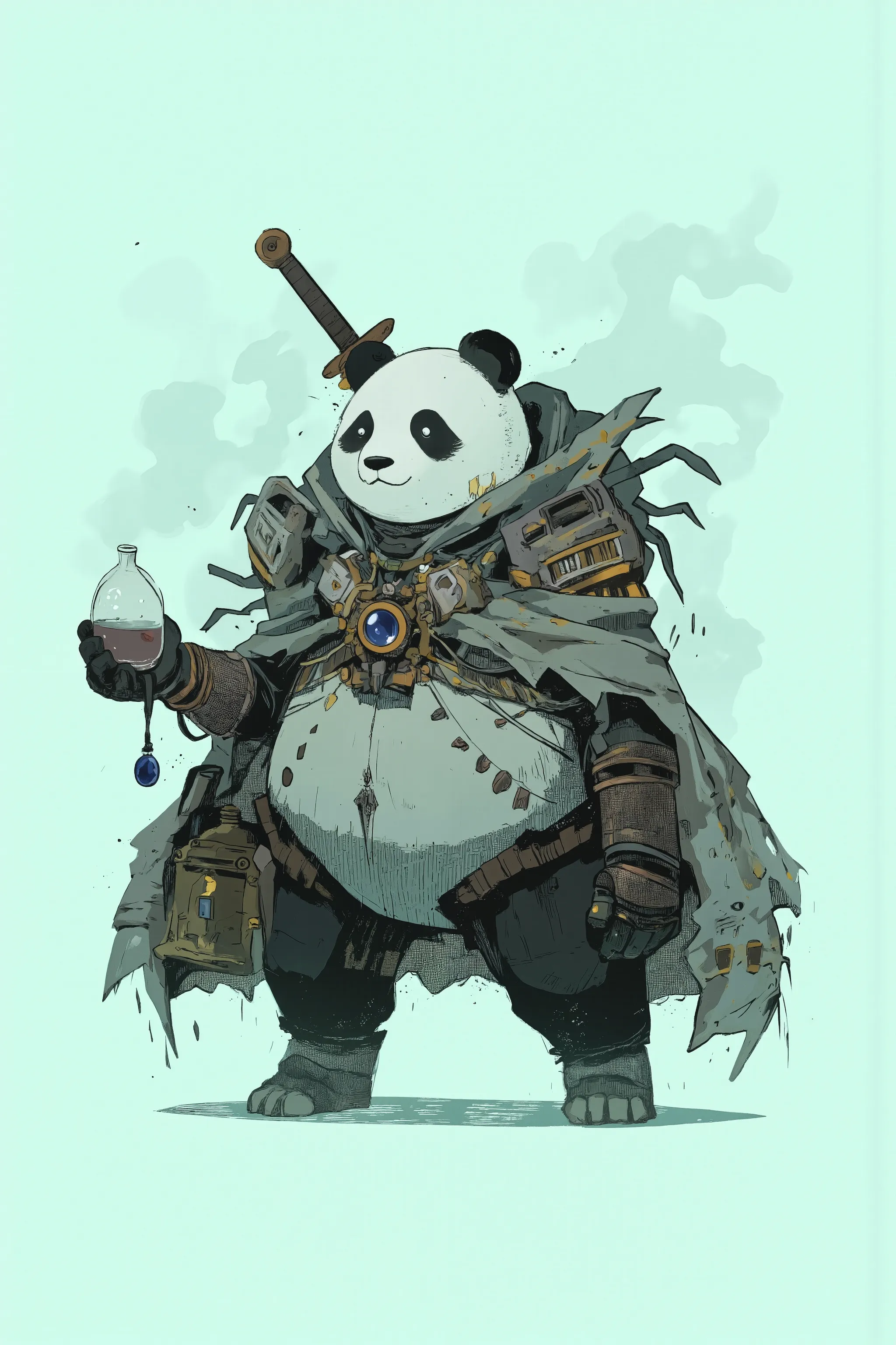 black and white panda robot on a mint green background, cute black and white panda robot with a rounded design,A tattered cloak and a sword on his back,Feeling like an adventurer,A small lantern is attached to the waist,Hand holding potion,Conceptual Art,S...