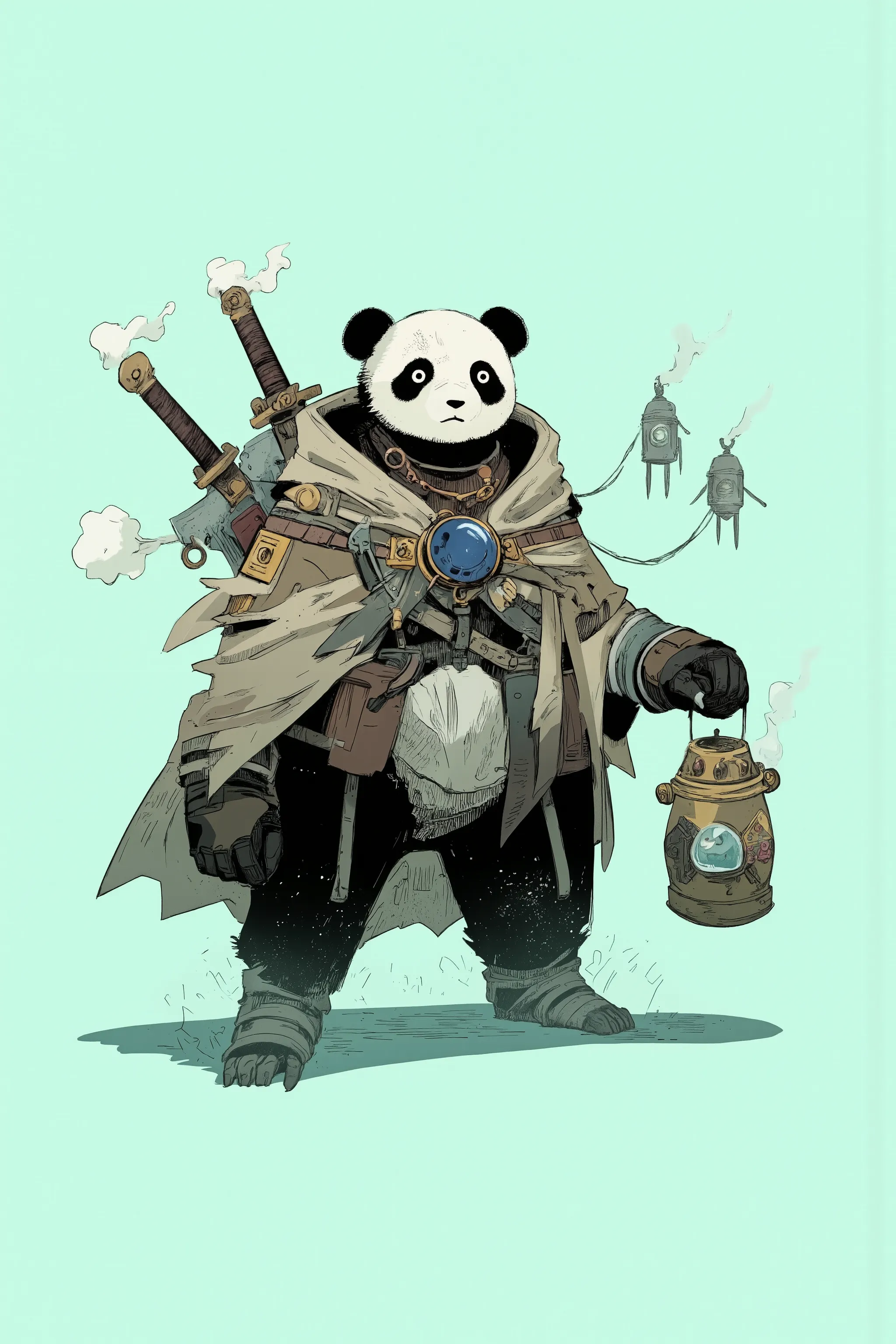 black and white panda robot on a mint green background, cute black and white panda robot with a rounded design,A tattered cloak and a sword on his back,Feeling like an adventurer,A small lantern is attached to the waist,Hand holding potion,Conceptual Art,S...