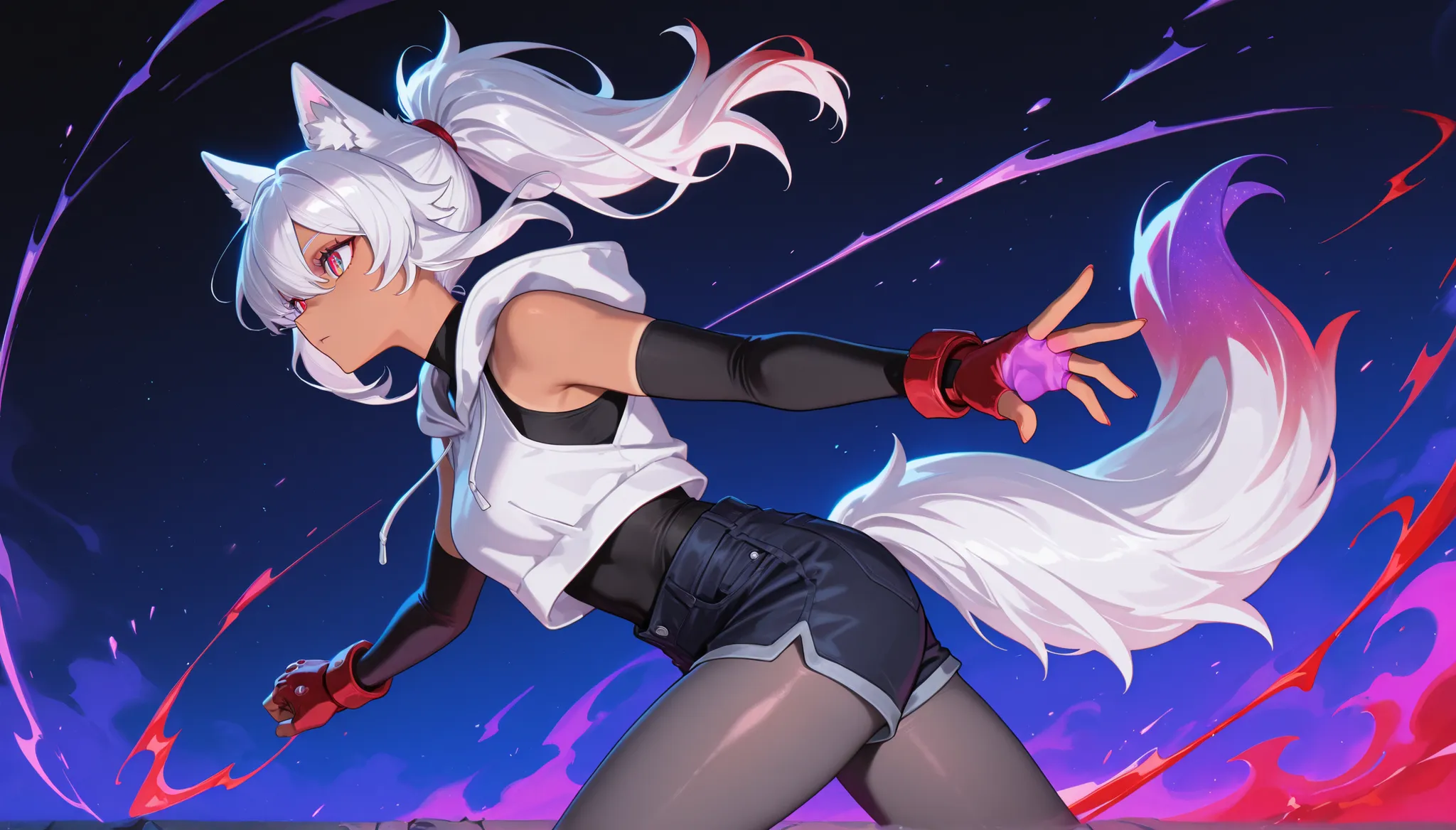 medium tan 1woman, wolf ears, white wolf tail with purple Ombré, white colored ponytail hair with purple Ombré, crimson red colored eyes, white cropped sleeveless hoodie, long black fingerless gloves,  black undershirt, dark blue jean shorts, gray long tig...